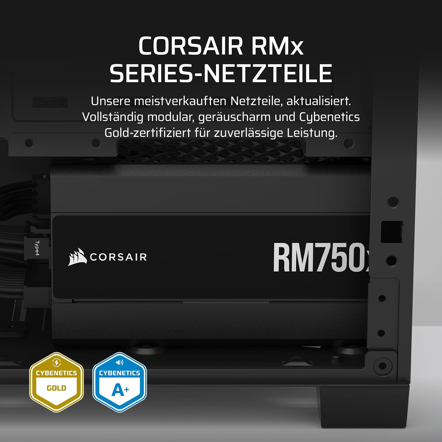 Detalle de CORSAIR RM750x (ATX 3.1) 750 W modulares Netzteil mit Zero-RPM-Modus, Native 12V-2x6 und Cybenetics Gold