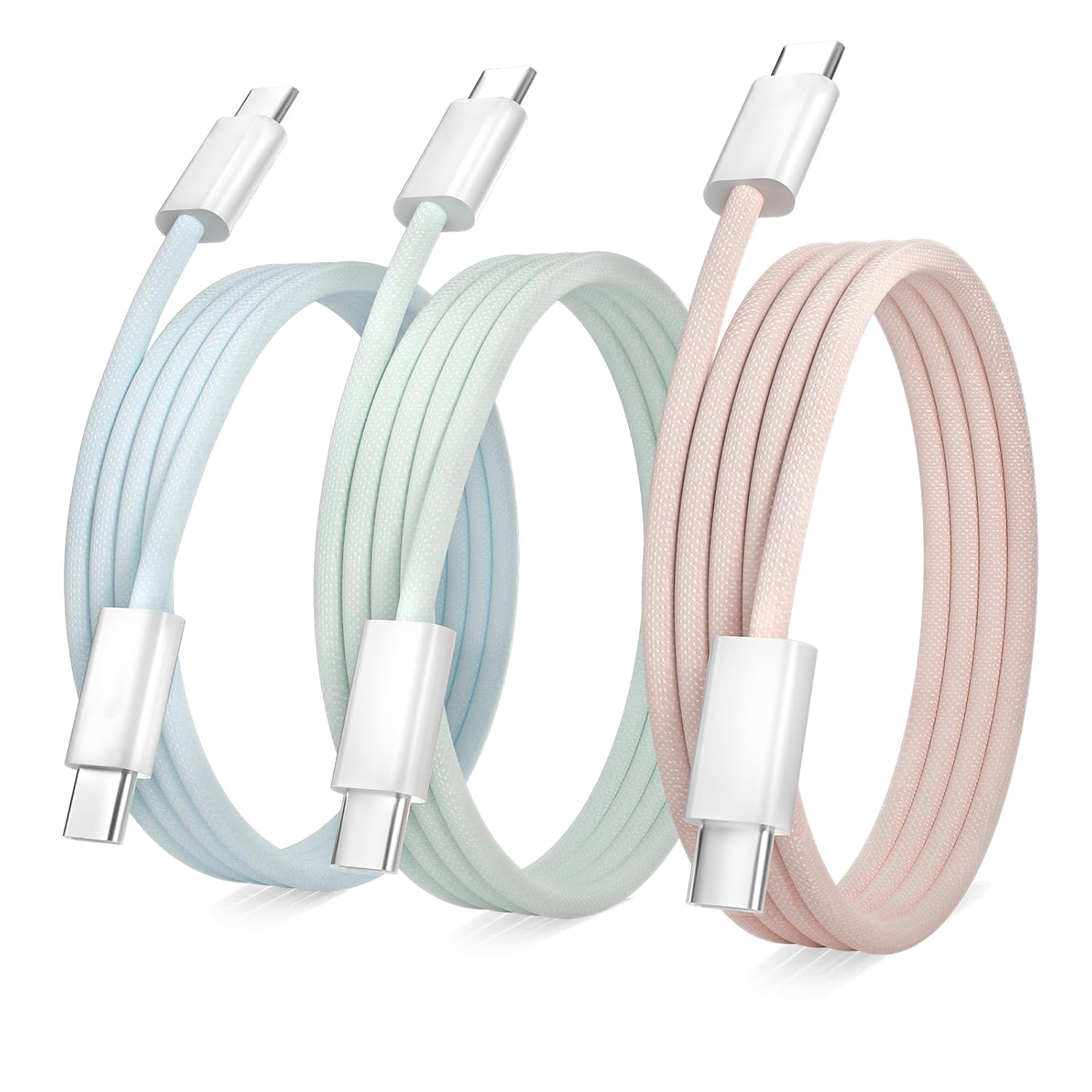 Detalle de 3 Pack USB-C to USB-C Cable, 3FT, 60W Fast Charging, Colorful Nylon Braided (Blue, Green, Pink)