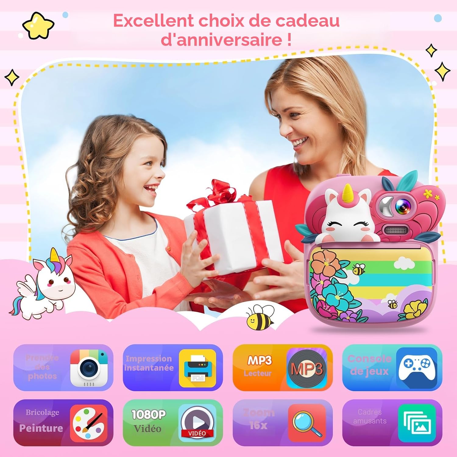 Detalle de TIATUA Appareil Photo Instantané Enfant – Caméra numérique 12 MP avec impression sans encre et écran 2,4