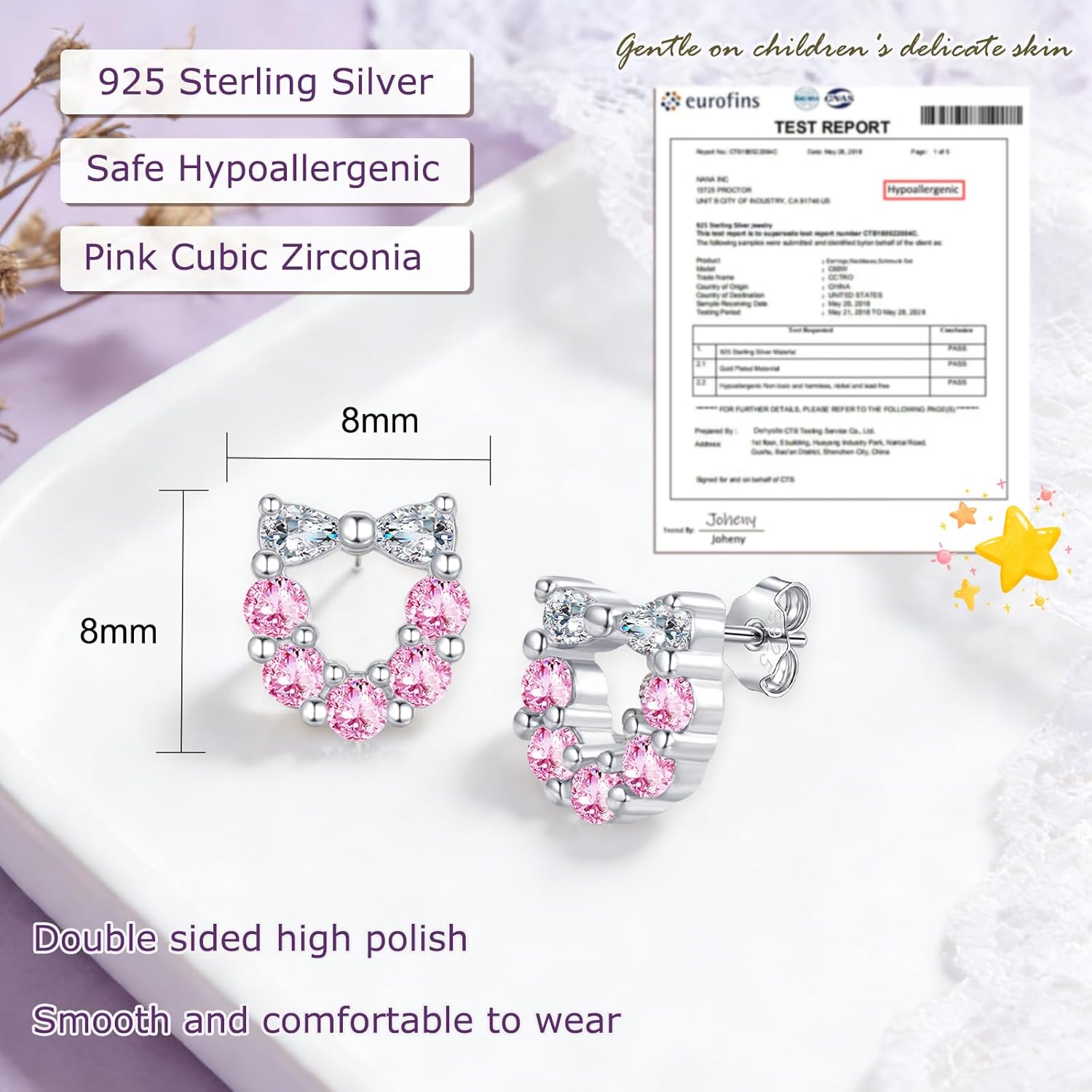 Detalle 2 de Zolkamery Earrings Studs in 925 Sterling Silver – Star Heart Bow Infinity with Pink Zirconia