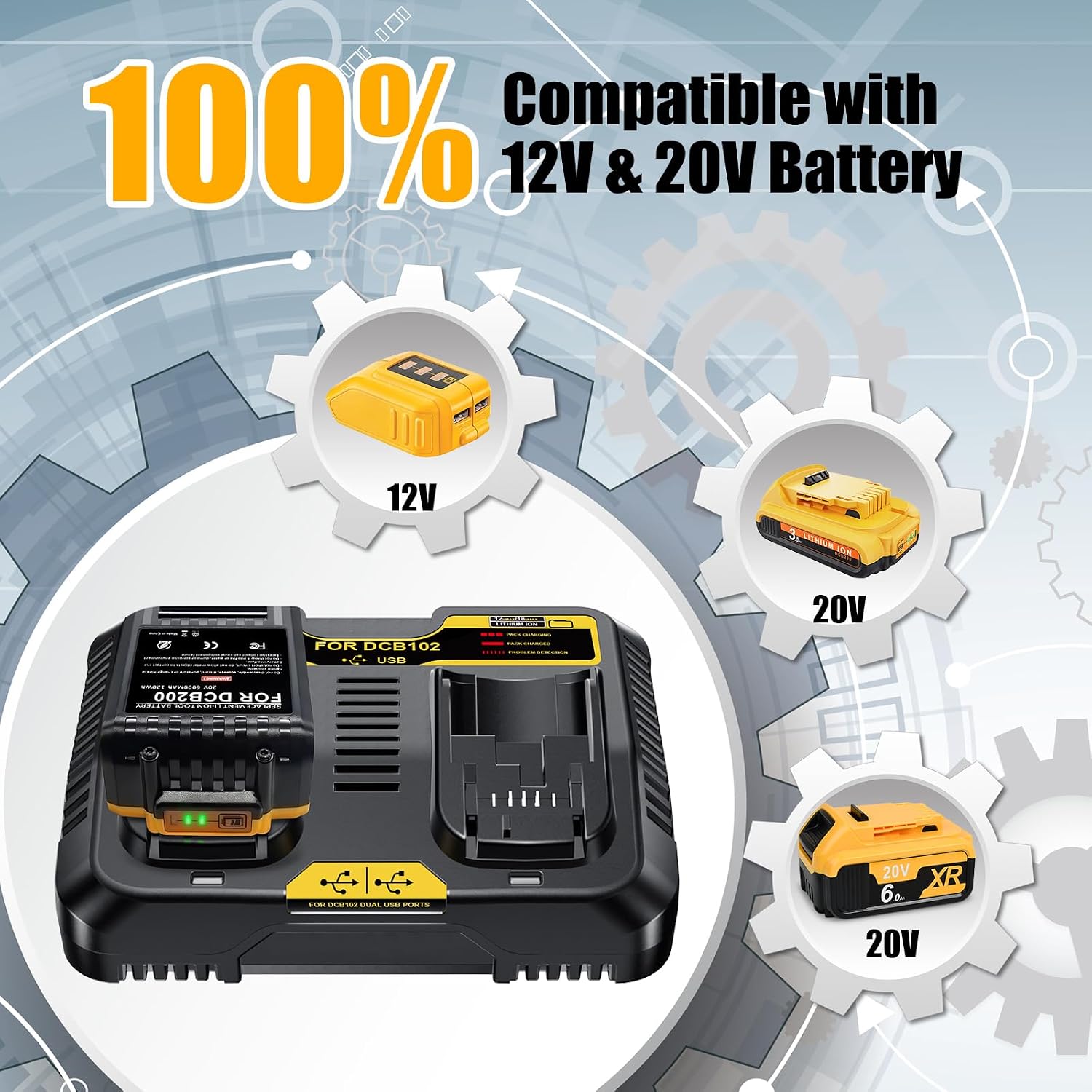 Detalle de 2X 18V 6.0Ah Li-Ion Replacement Batteries with 6A Dual Charger for Dewalt 18V Systems (DCB182, DCB184, DCB101, DCB107, DCB112, DCB105, DCB115, DCB203)