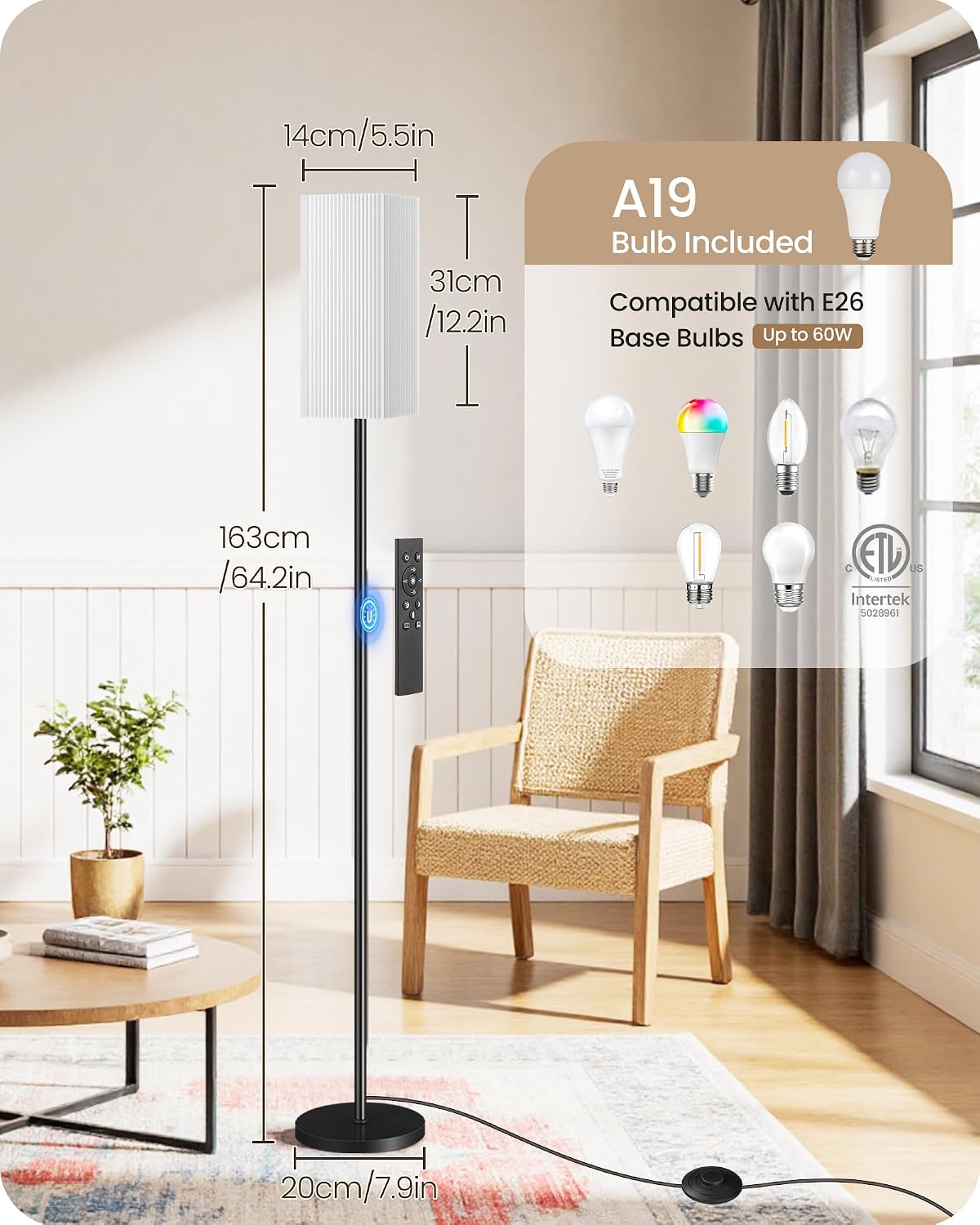 Detalle de GOEBLESON BP-F006S Dimmable Floor Lamp with Remote, Foot Switch and Pleated Shade