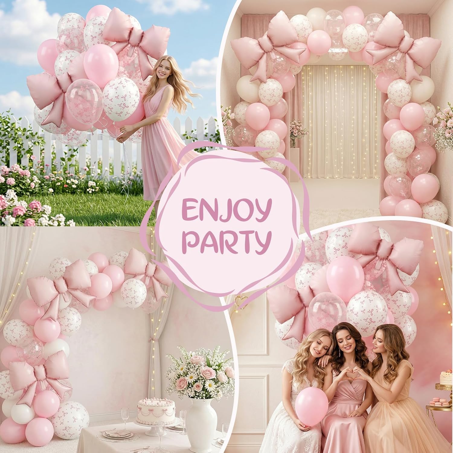 Thumbnail 6 de FEYG Pink Bow Balloon Set, 12-Inch Pink and White Balloons with Foil Bows