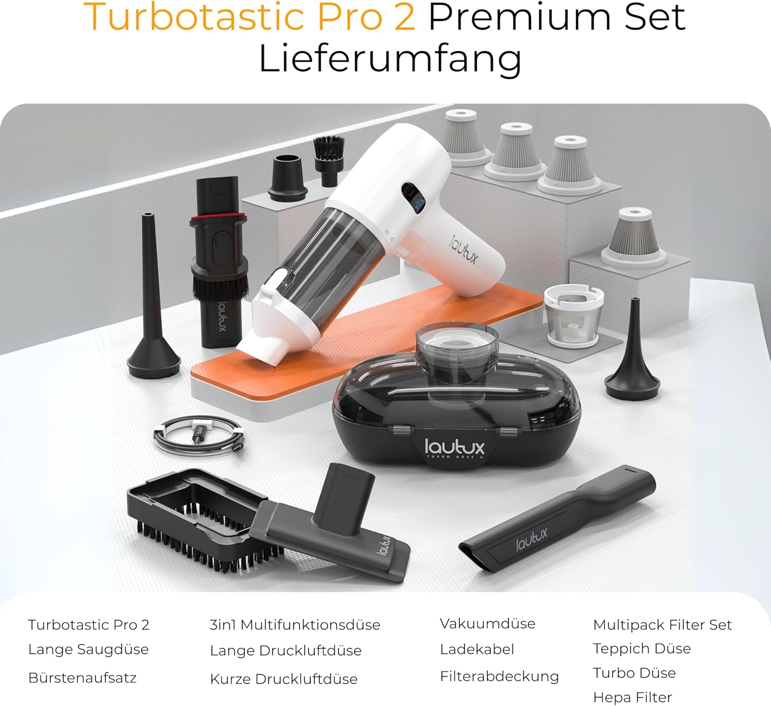 Thumbnail 4 de lautux Turbotastic Pro 2 Handstaubsauger (120 W, 18.000 Pa, HEPA-Filter) – Premium Set mit 4-in-1 Düsen