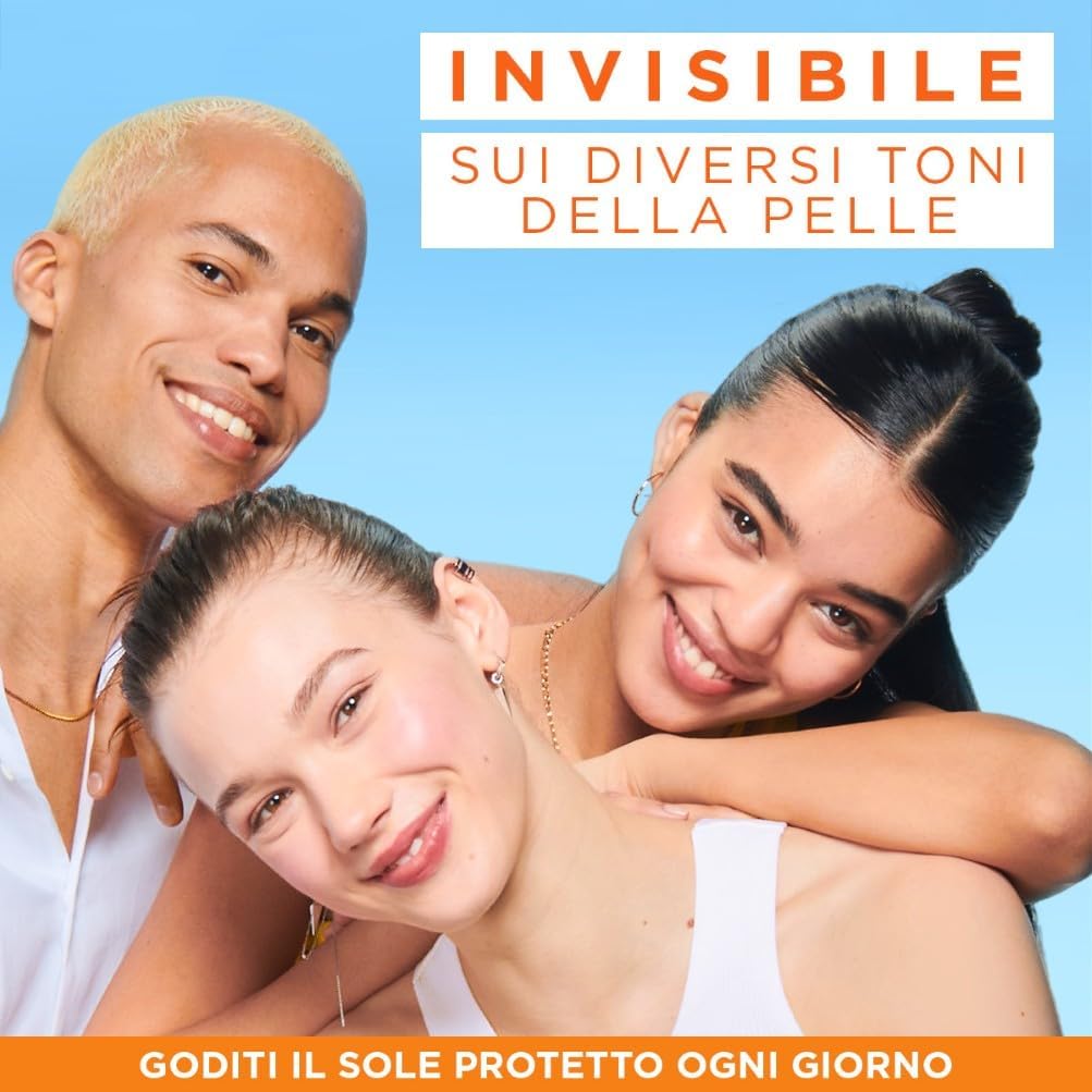 Detalle de Garnier Ambre Solaire Super UV Fluido Viso Anti Macchie SPF 50+ con vitamina Cg, effetto invisibile