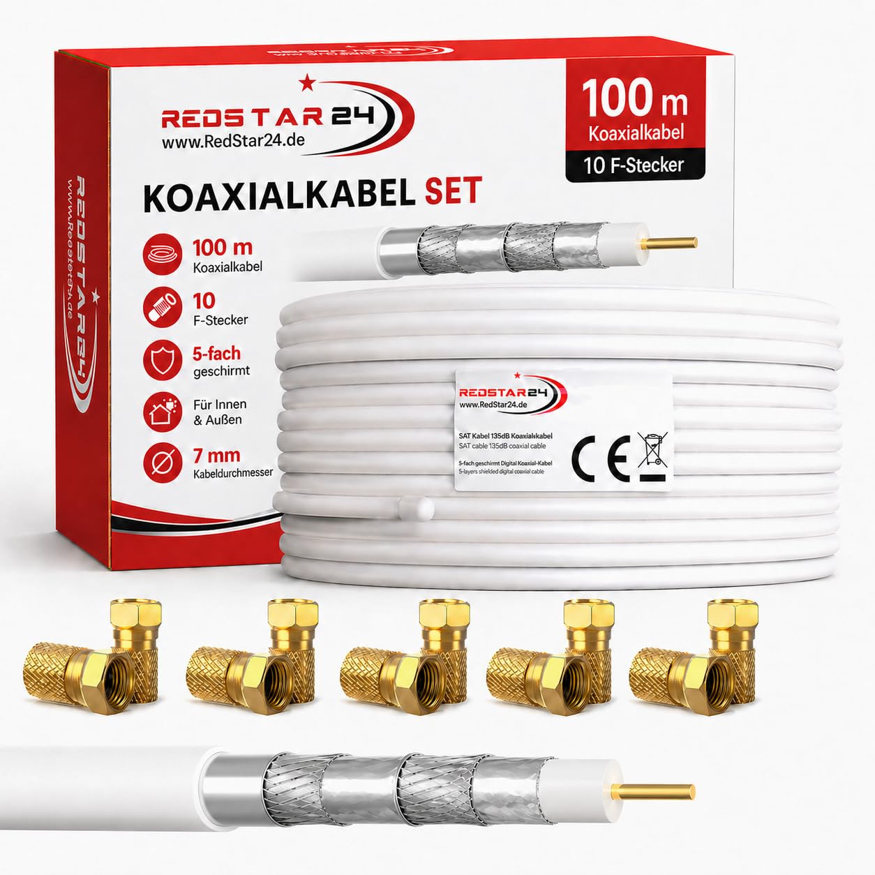 RedStar24 100m Koaxialkabel SAT Kabel 135dB – Class A+ mit 10 vergoldeten F-Steckern