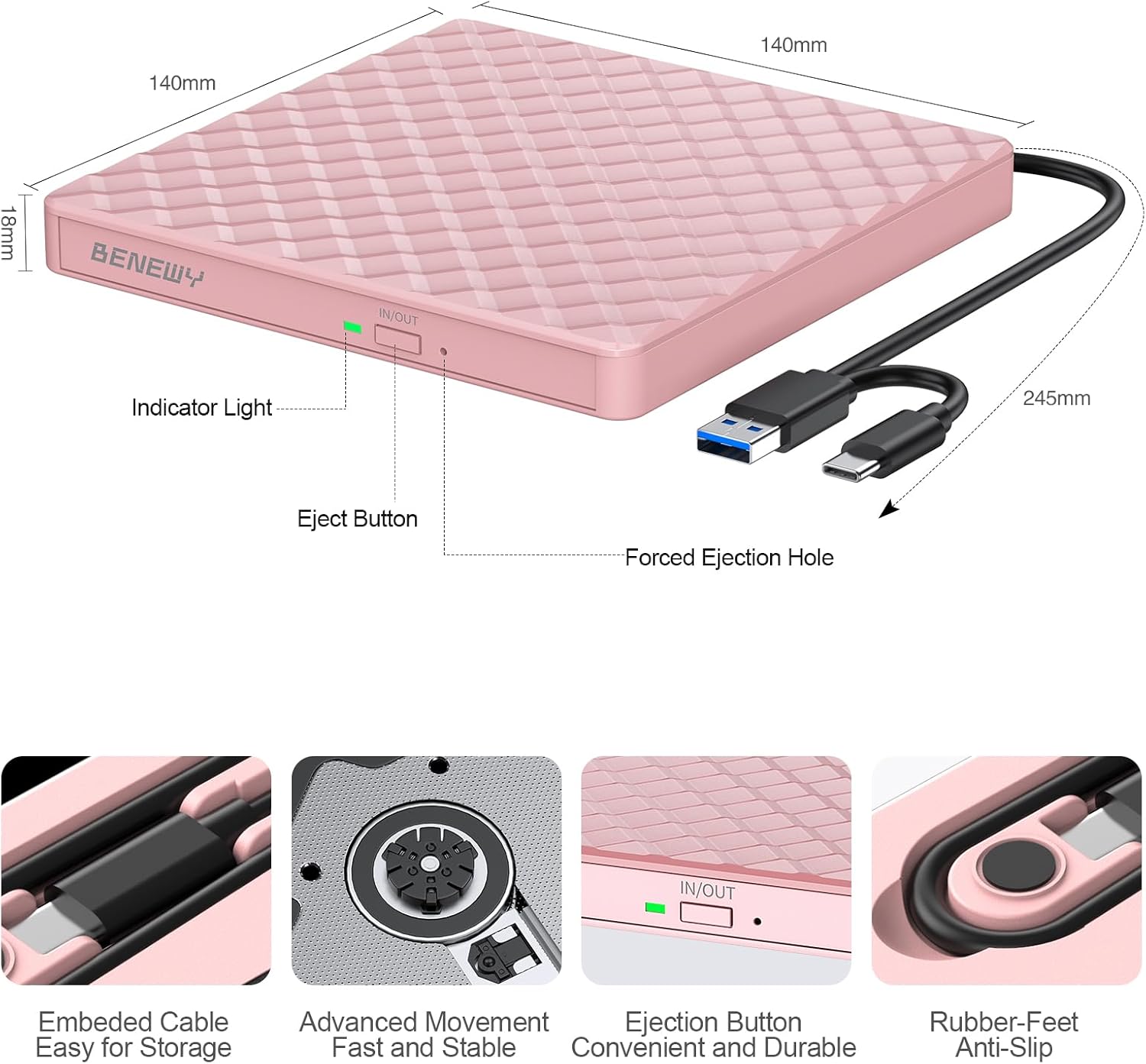 Detalle de External CD/DVD Drive for Laptop: USB 3.0 Type-C Slim DVD Burner and Reader (Pink)