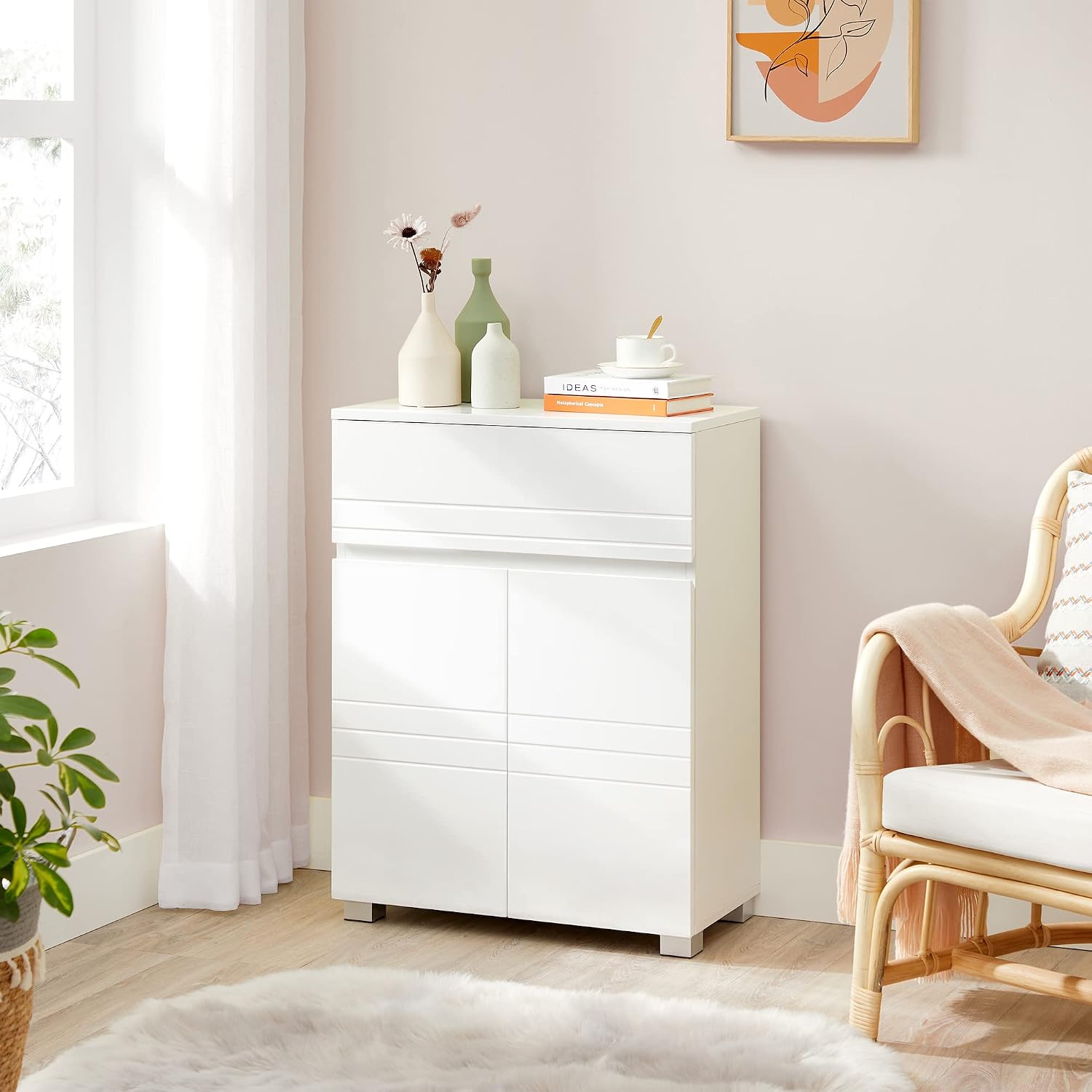 Detalle de VASAGLE Armadietto da bagno BBK140W01 con cassetto e doppia anta, ripiano regolabile, 60 x 30 x 80 cm (bianco)