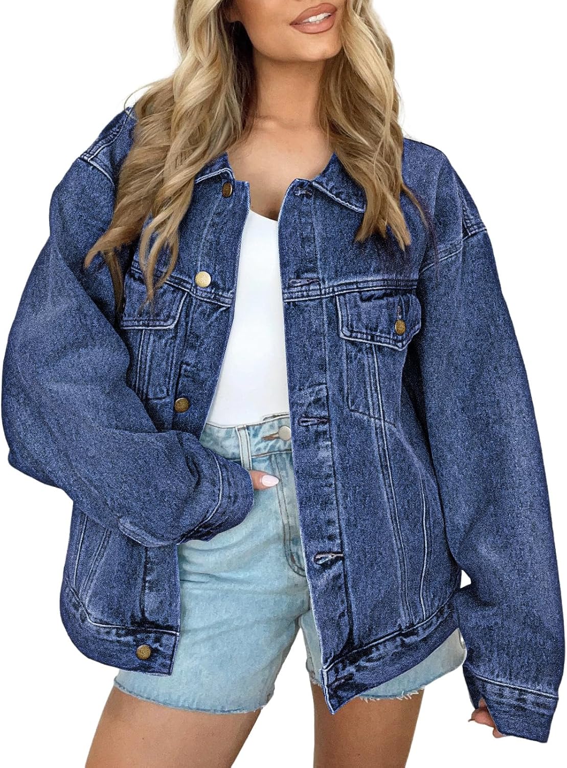 Detalle de AUTOMET Women's Button Down Oversized Jeans Jacket with Pockets — Classic Denim, Loose Boyfriend Fit