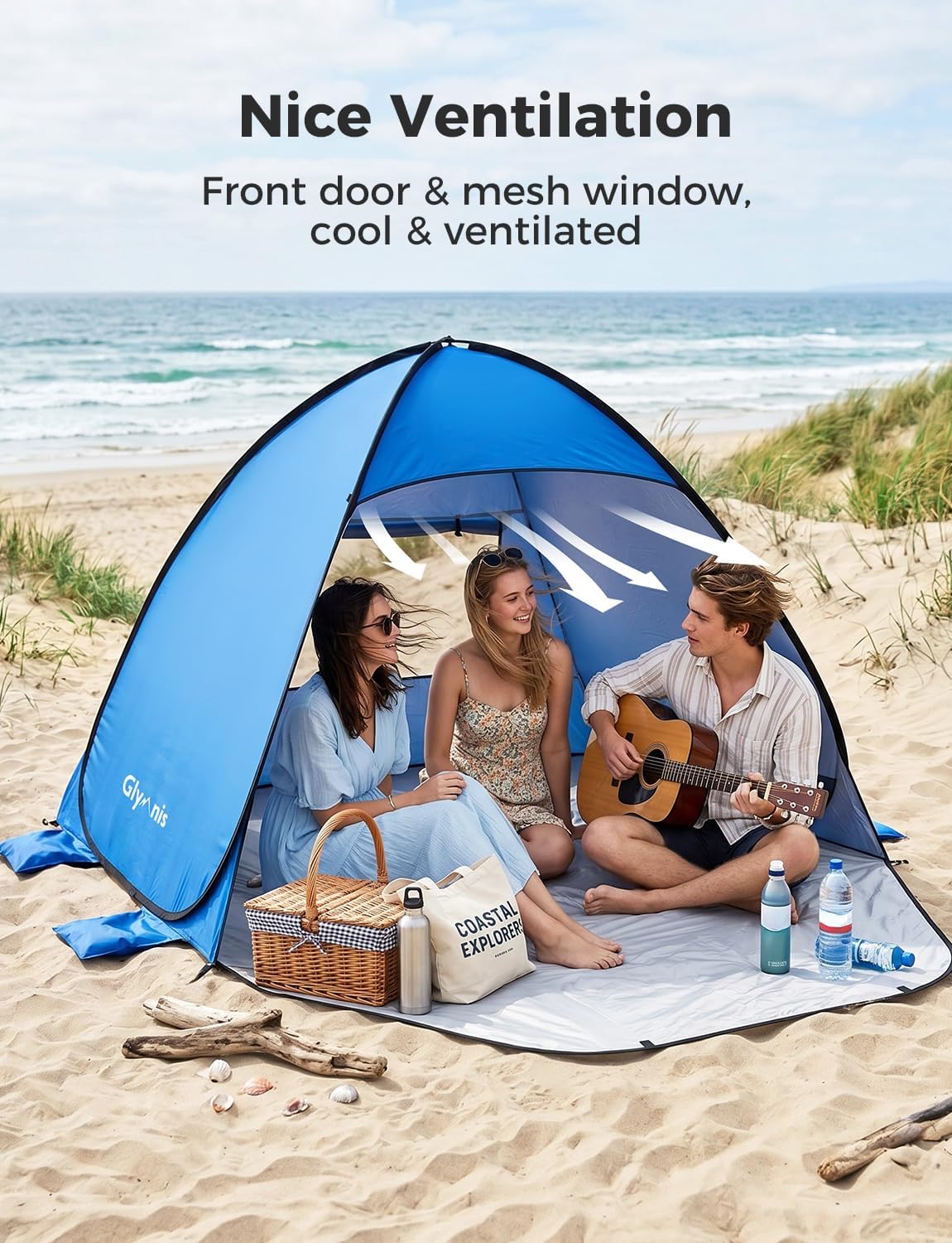 Thumbnail 4 de Glymnis Strandmuschel Pop Up Strandzelt – UV-Schutz 50+ und Windschutz, Blau, 185×140×115 cm