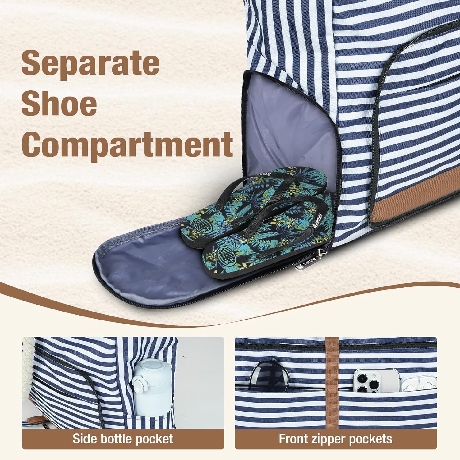 Thumbnail 3 de Lekespring Waterproof Beach Bag for Women – Blue Striped 35L Tote with Zip, Shoe Compartment and Elastic Bottom Straps
