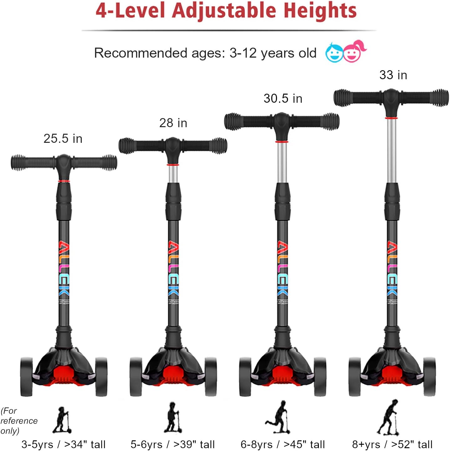 Thumbnail 4 de Allek Kick Scooter B02: Lean 'N Glide with 4-Height Adjustability and Light-Up PU Wheels