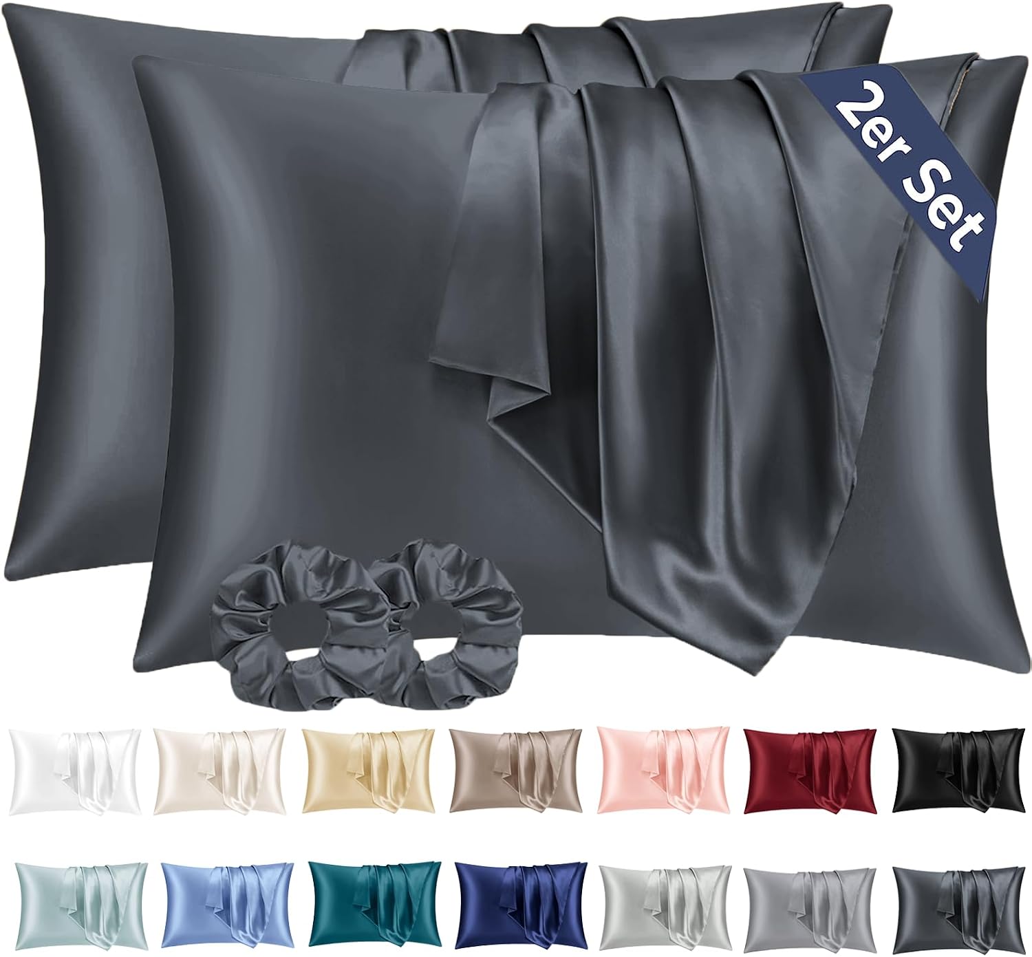Imagen de Vielit 2er-Set Satin-Kissenbezüge 40 x 80 cm Dunkelgrau – weich wie Seide, mit Haarbändern en OfertitasTOP