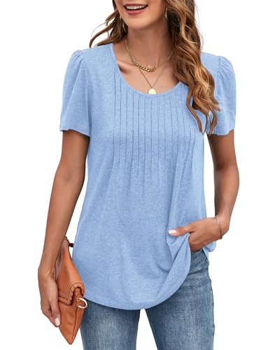 Detalle de MOLERANI Ladies Tops Round Neck Loose Casual Pleated T Shirt Sky Blue (Size M)
