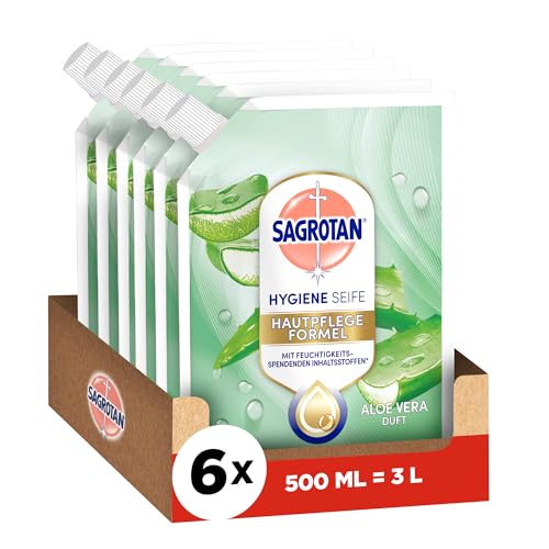 Detalle de Sagrotan Handseife Nachfüller Aloe Vera, 6 x 500 ml – Feuchtigkeitsspendend und stark gegen Bakterien