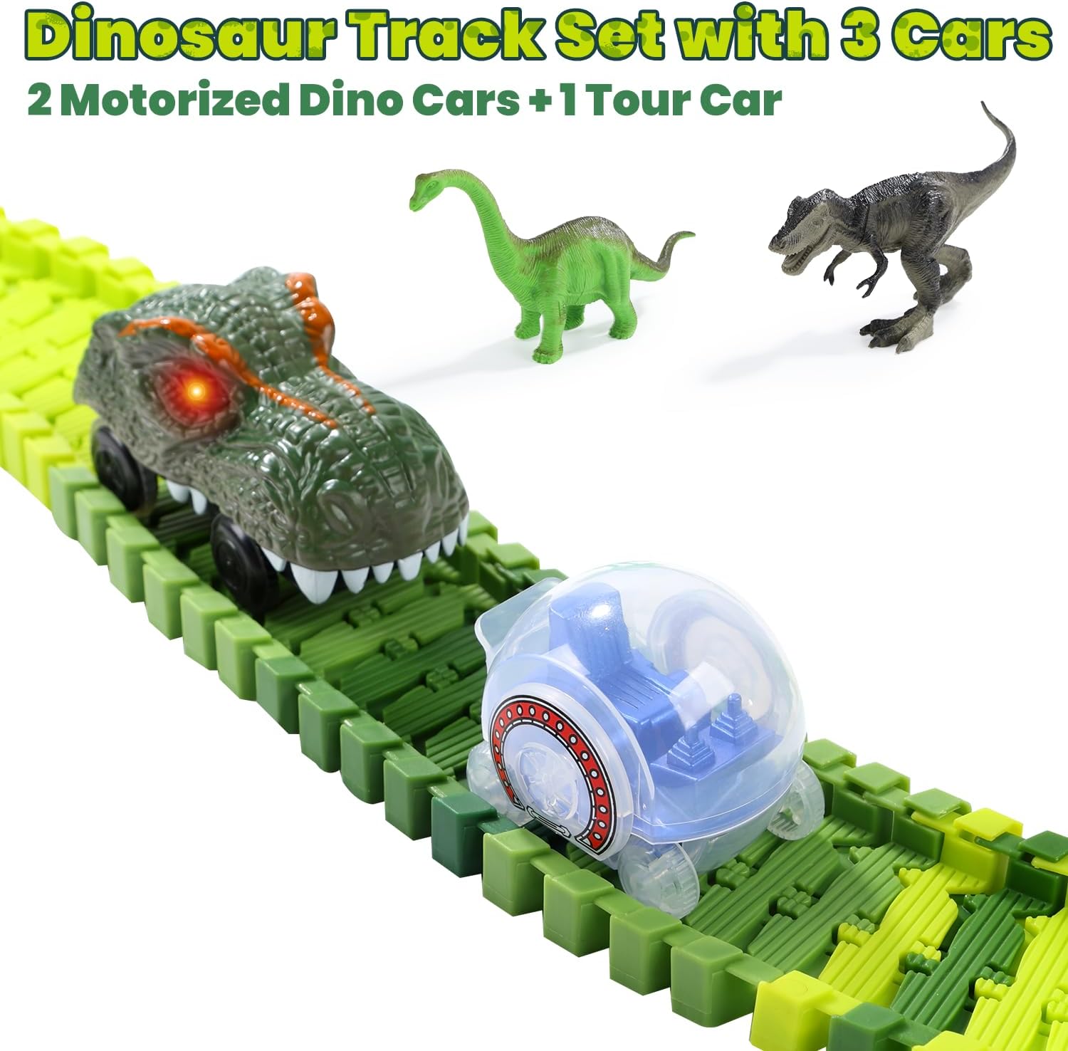 Detalle 2 de EagleStone Dinosaur Race Track Toy Set (210 pieces) — Light-Up Dino Cars & Figures