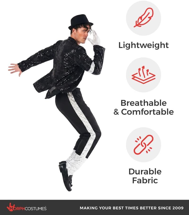 Thumbnail 6 de Morph Popstar Costume for Men with Black Sparkle Jacket, Silver Gloves & Fedora