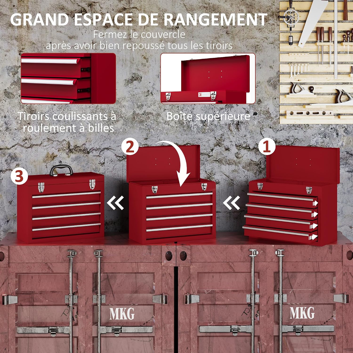 Thumbnail 3 de DURHAND Boite à outils métallique 4 tiroirs rouge 51x22x39,5 cm
