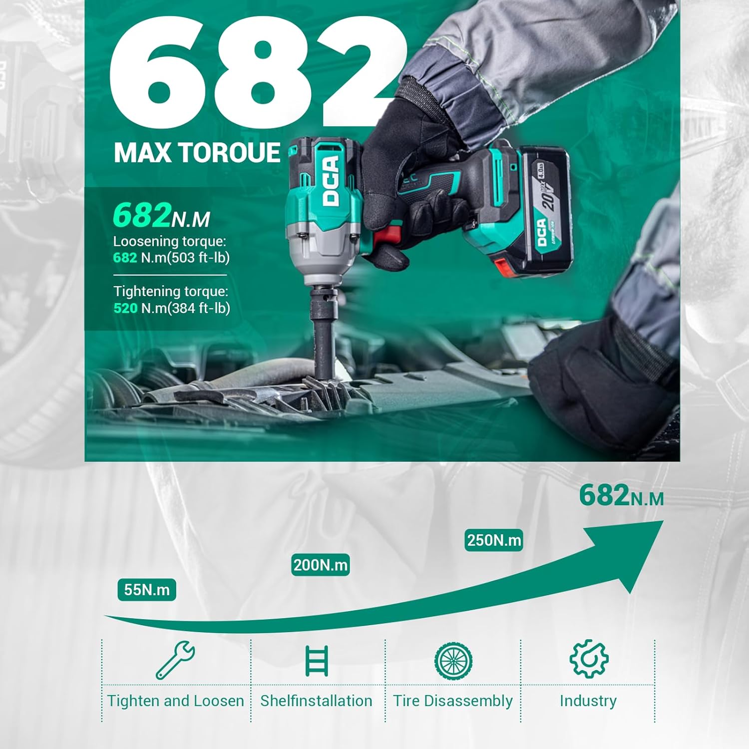 Thumbnail 2 de DCA 20V Brushless Impact Wrench Cordless (ADPB520) – 682Nm max torque, 1/2in hog ring