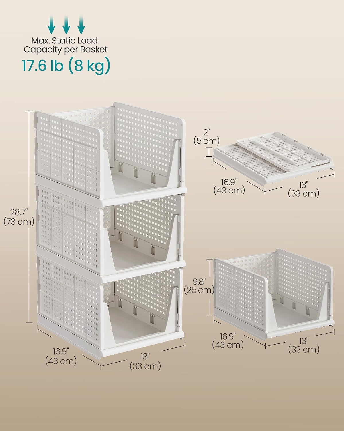 Thumbnail 1 de SONGMICS Stackable Wardrobe Storage, Foldable Closet Organiser – Set of 3 Pull-Out Baskets (White LPC310WZ01)
