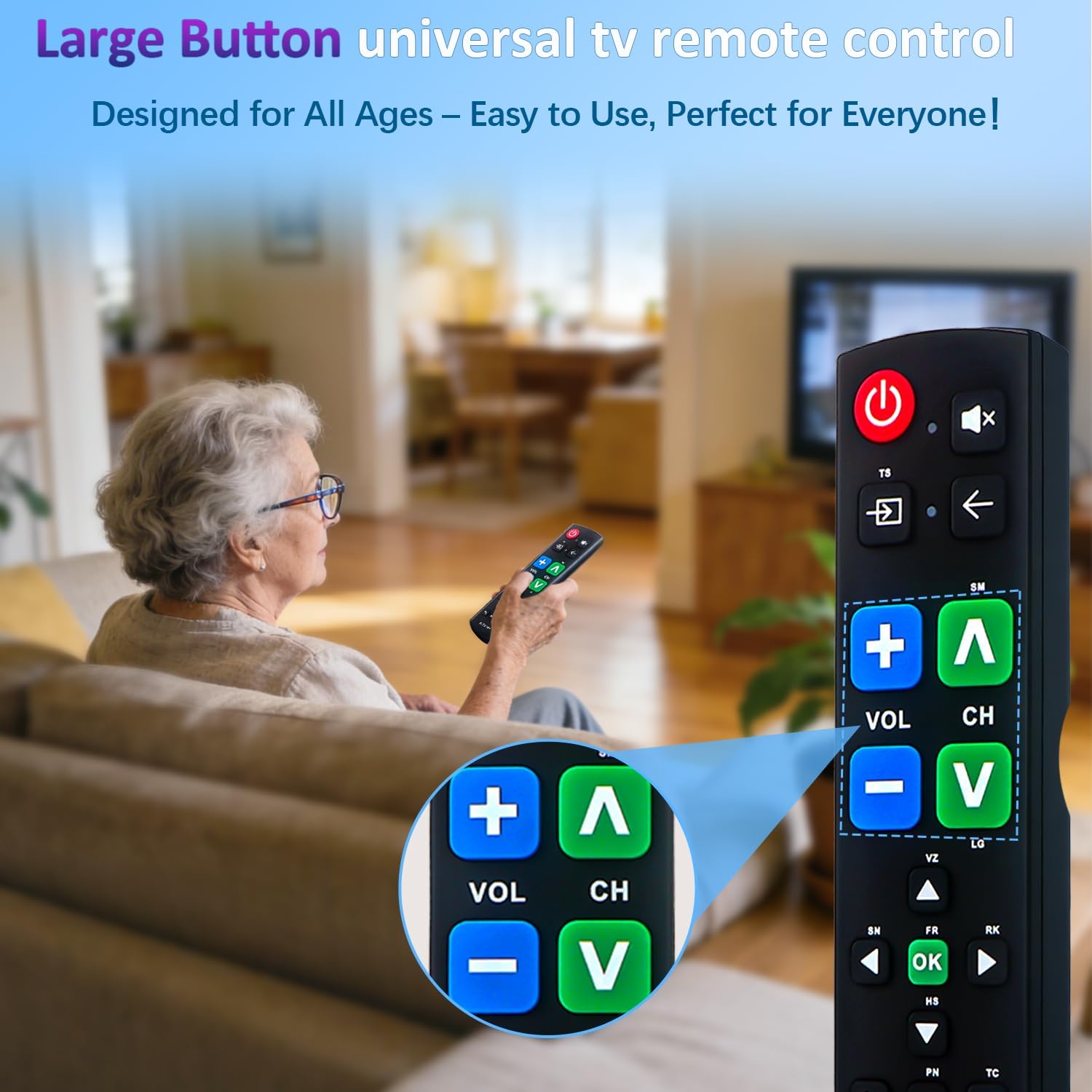 Detalle de Big Button Universal Remote for All TV Remotes: Easy Large-Button Helper for Seniors and Dexterity Challenges