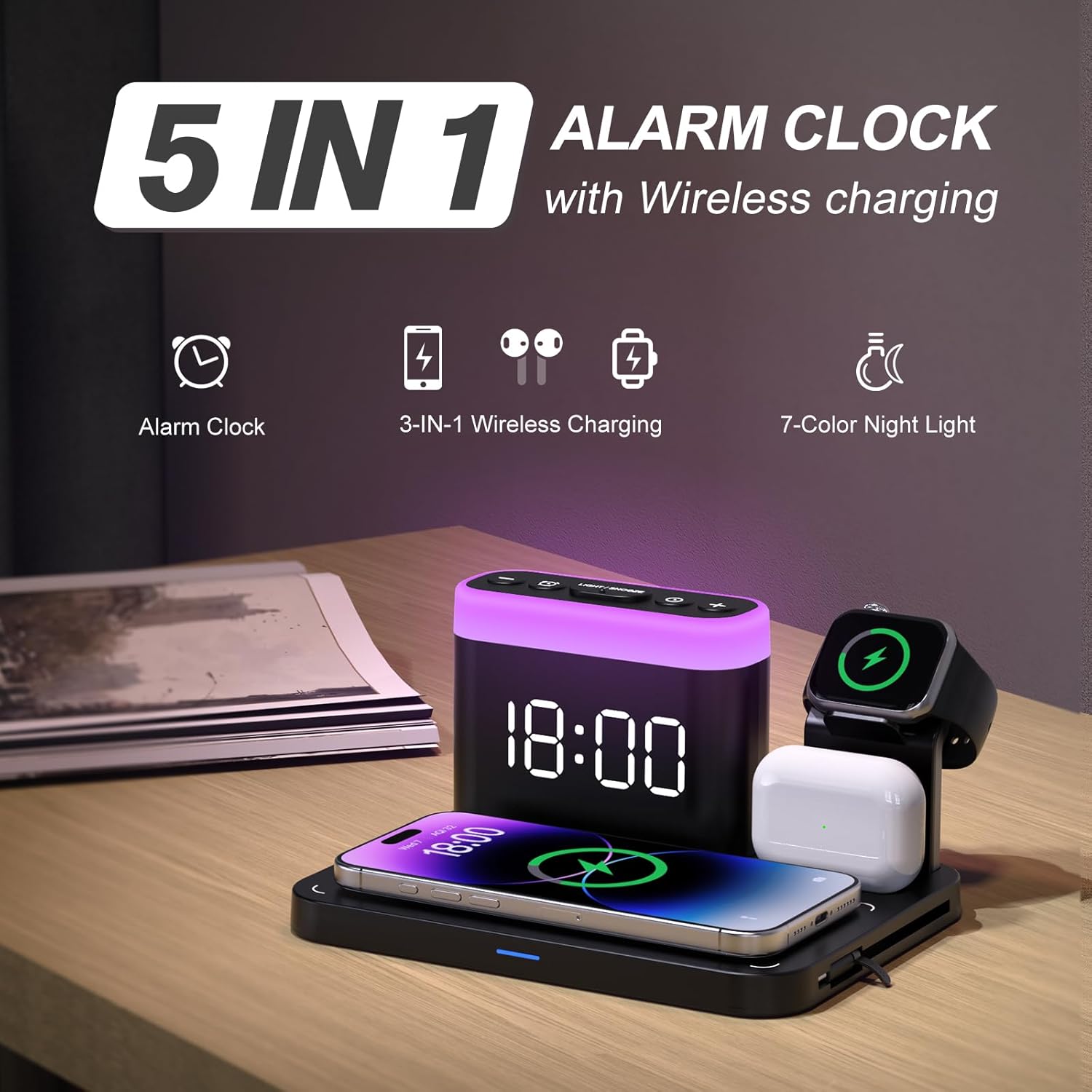 Thumbnail 1 de ANJANK Wireless Charging Station 5-in-1 (Mag-Safe Dock) with Alarm Clock, Night Light & Stand