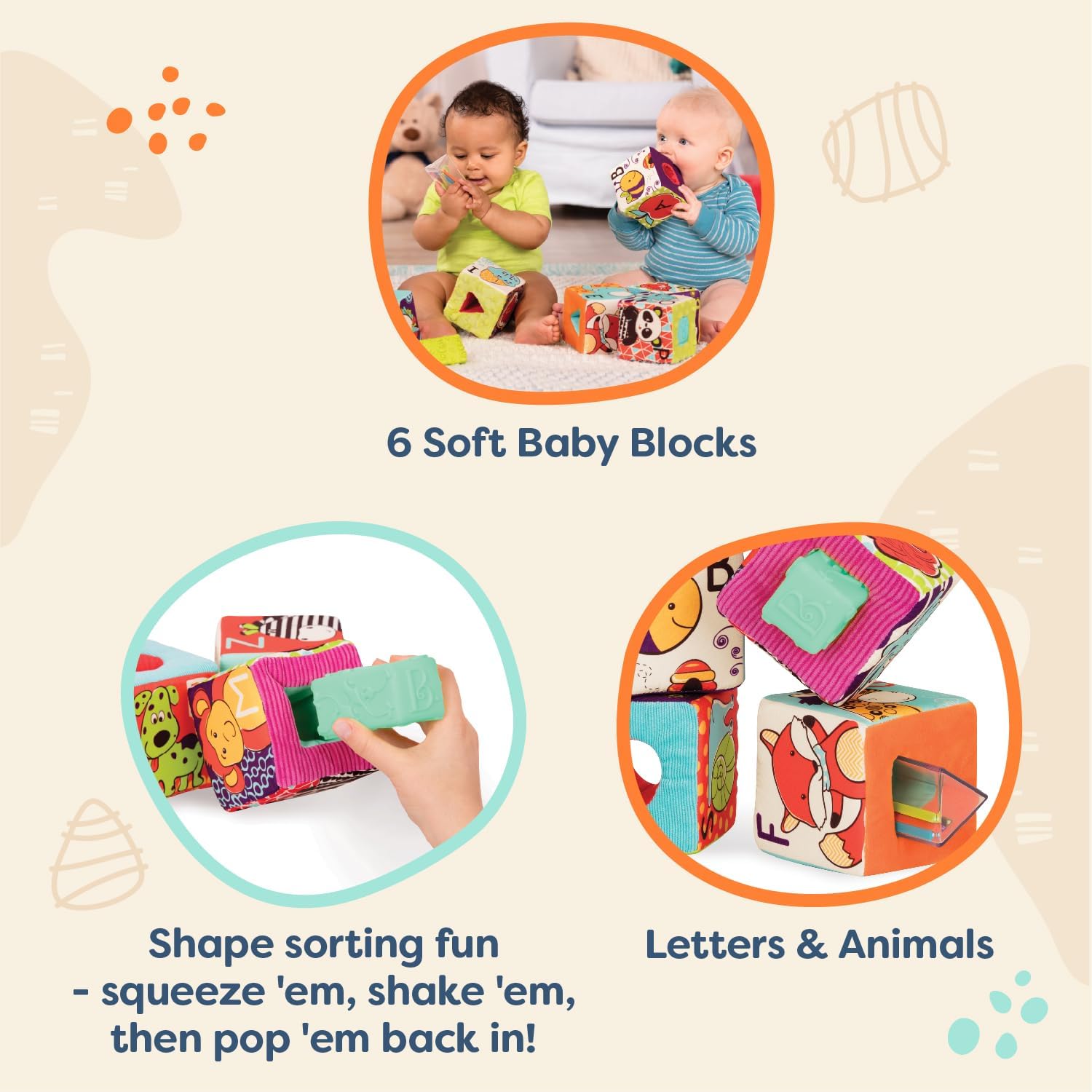 Detalle 2 de B. toys aBc Block Party 6pcs – miękkie klocki z wkładkami do grzechotania
