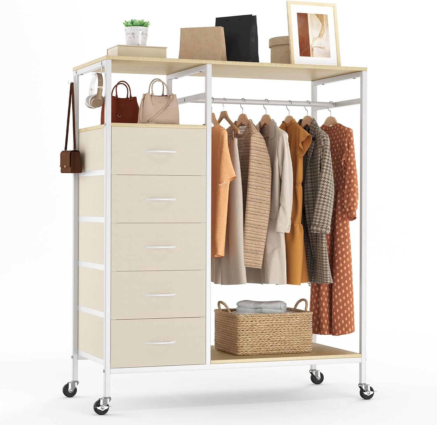 Detalle de HOKEEPER All-in-One Rolling Coat Rack with 5 Drawers (Beige) – Mobile closet organiser on wheels