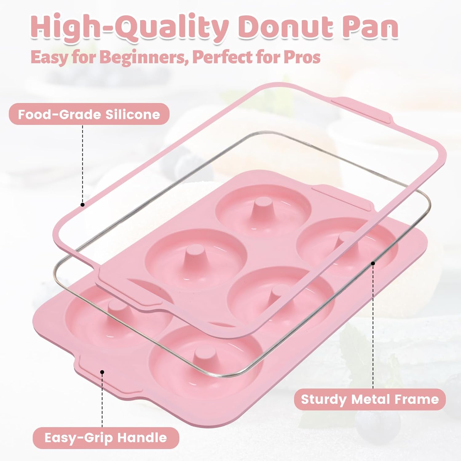 Detalle de Toeusog 2-Stück Silikon-Donuts-Backform, Groß 10,2 cm Ø, 6 Höhlungen – antihaft, Metallrahmen, Rosa & Beige