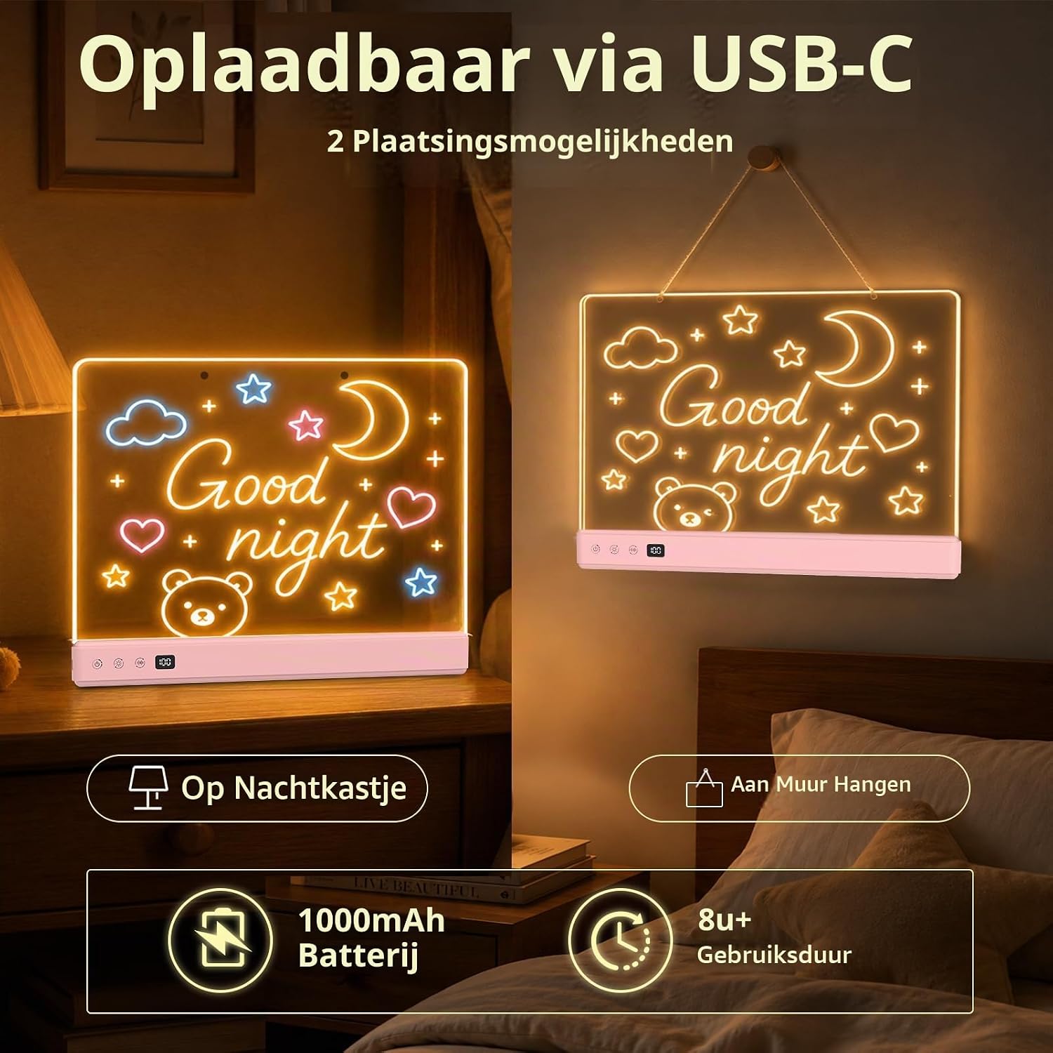 Thumbnail 6 de TOHETO LED-tekenbord voor kinderen, oplaadbaar met 7 RGB-kleuren en 9 lichtmodi