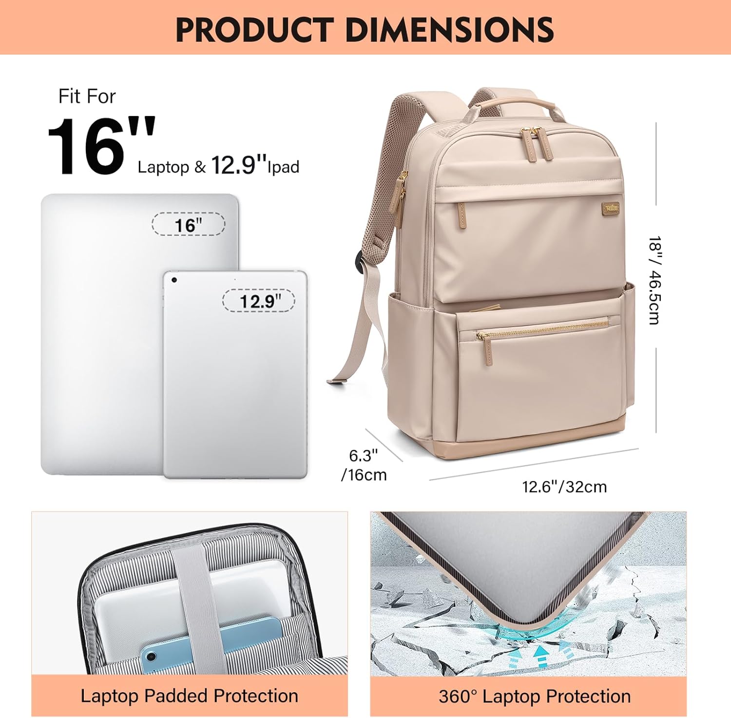 Detalle de VNINE Backpack Womens: 16-Inch Laptop Backpack for Work, Travel and University