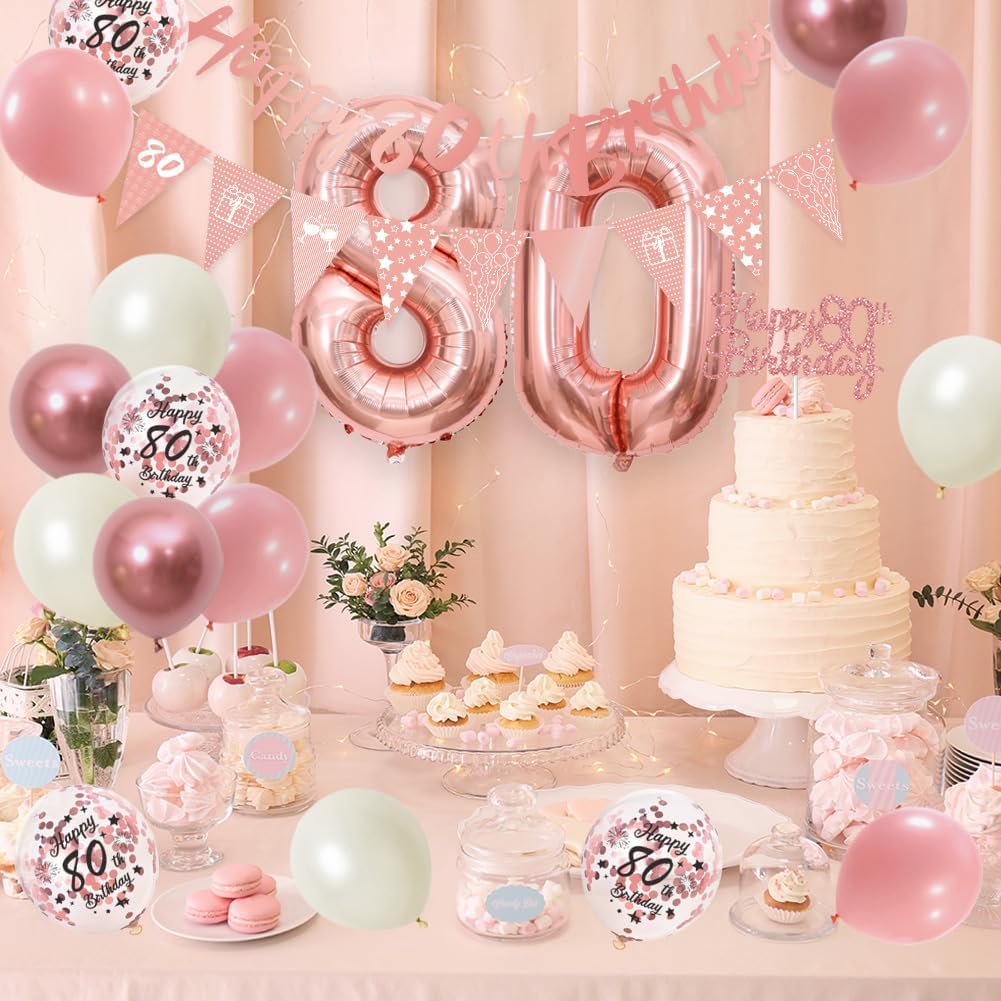 Thumbnail 5 de 80th Birthday Decorations Pink Rose Gold Set