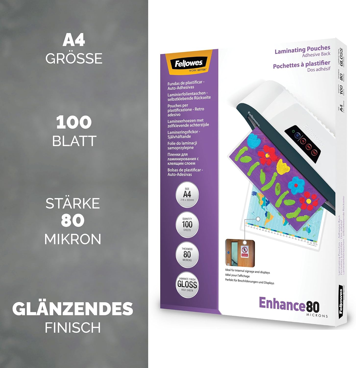 Thumbnail 1 de Fellowes Laminierfolien A4 mit selbstklebender Rückseite, 80 Mikron (2 x 80), 100 Stück