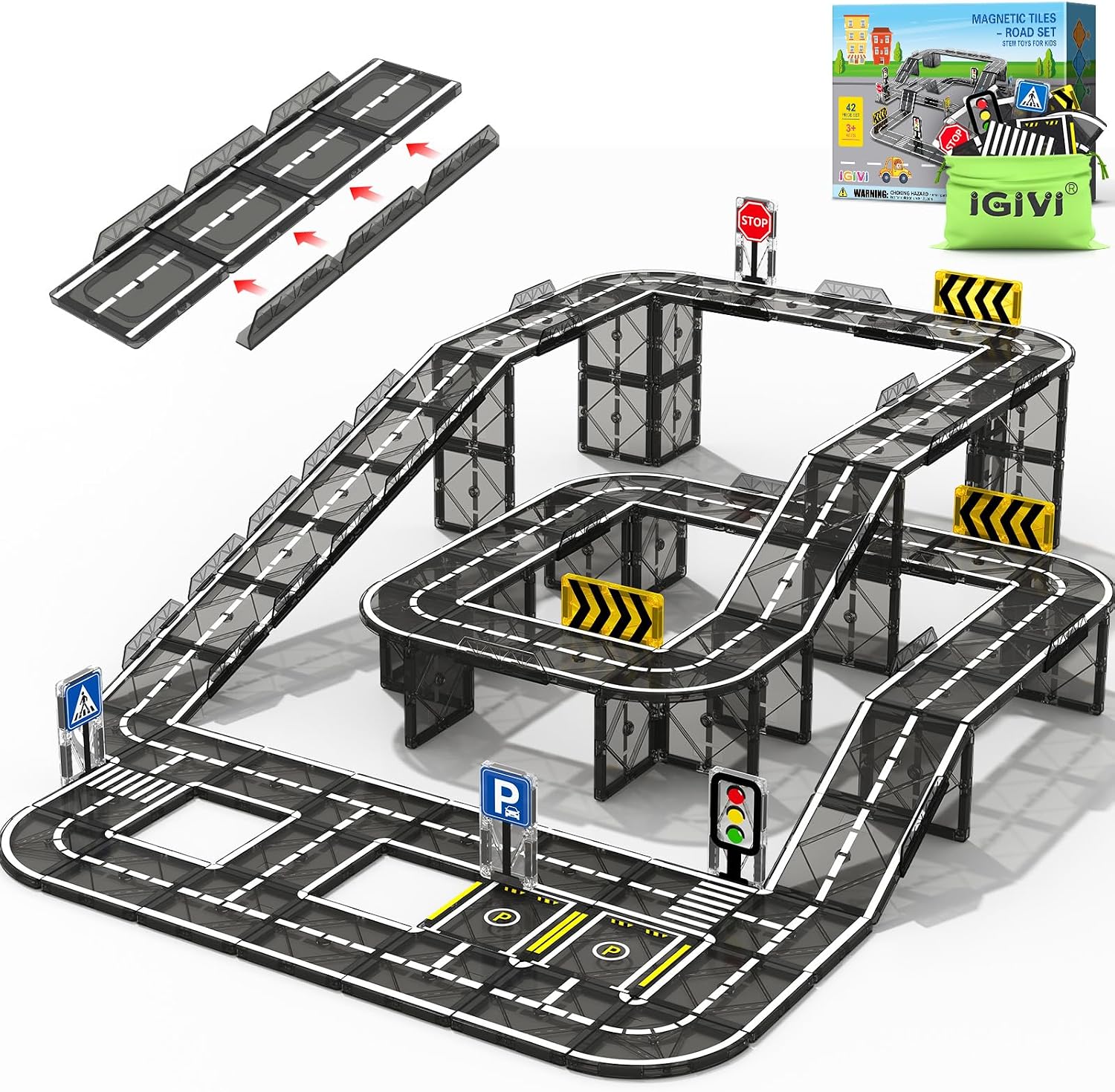 Detalle de IGIVI Magnetic Tiles Road & Rail Clamp Pack with Road Pieces and Bridge Supports