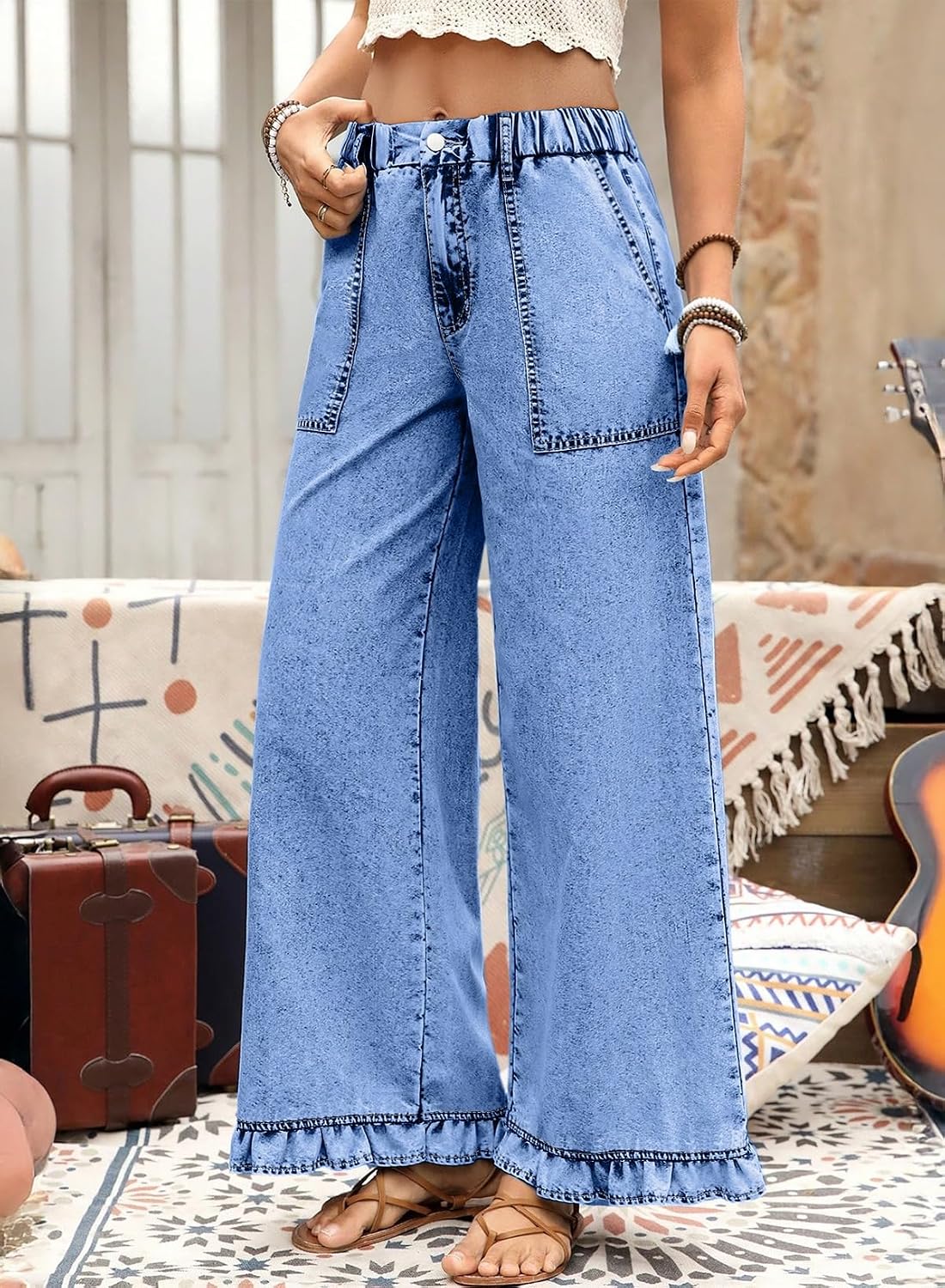 Detalle 2 de Astylish Wide Leg Jeans for Women with Stretch High Waist and Ruffle Hem