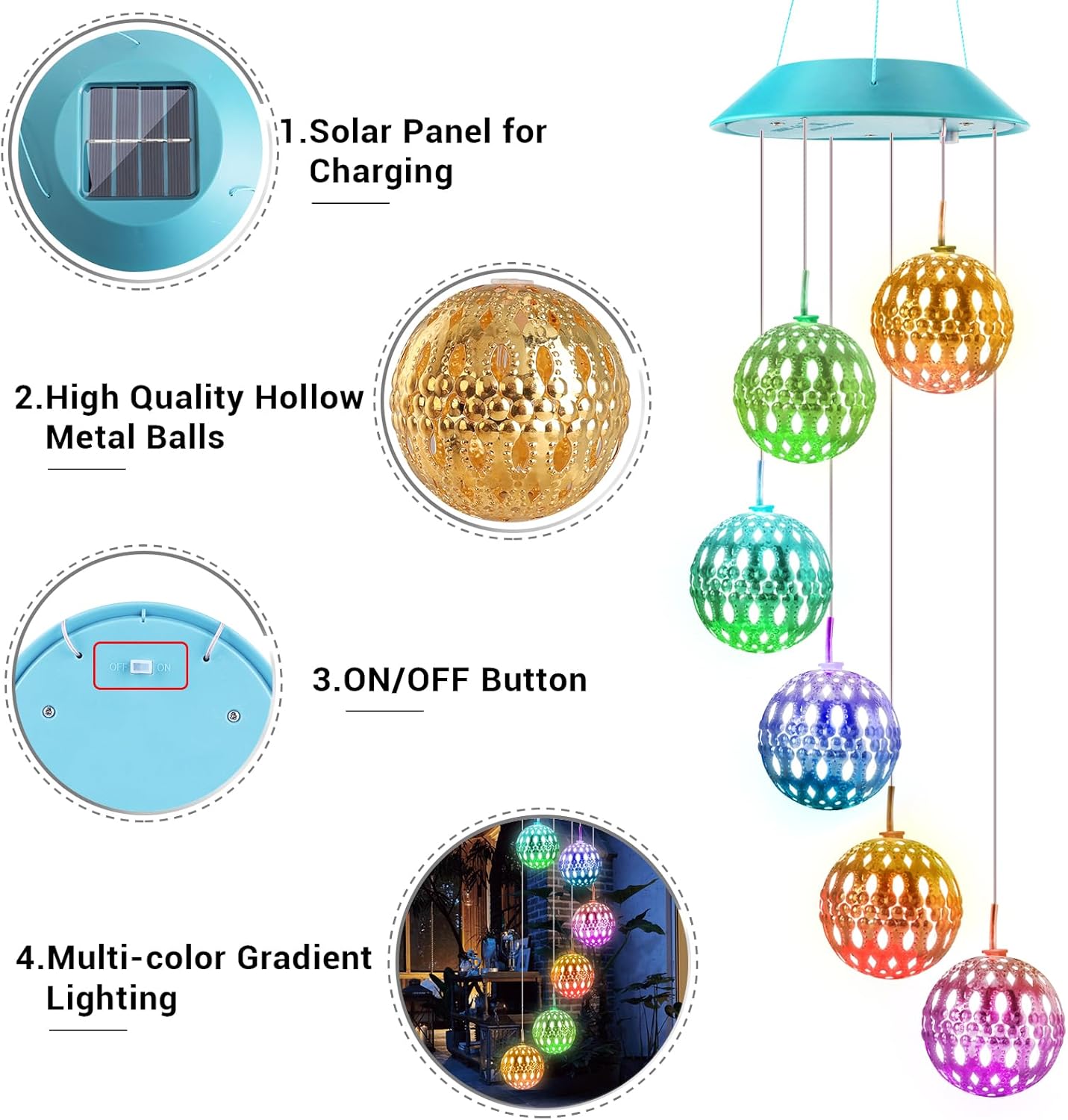 Detalle de Toodour S6-WC18-P Solar Wind Chime with Color-Changing LED Balls