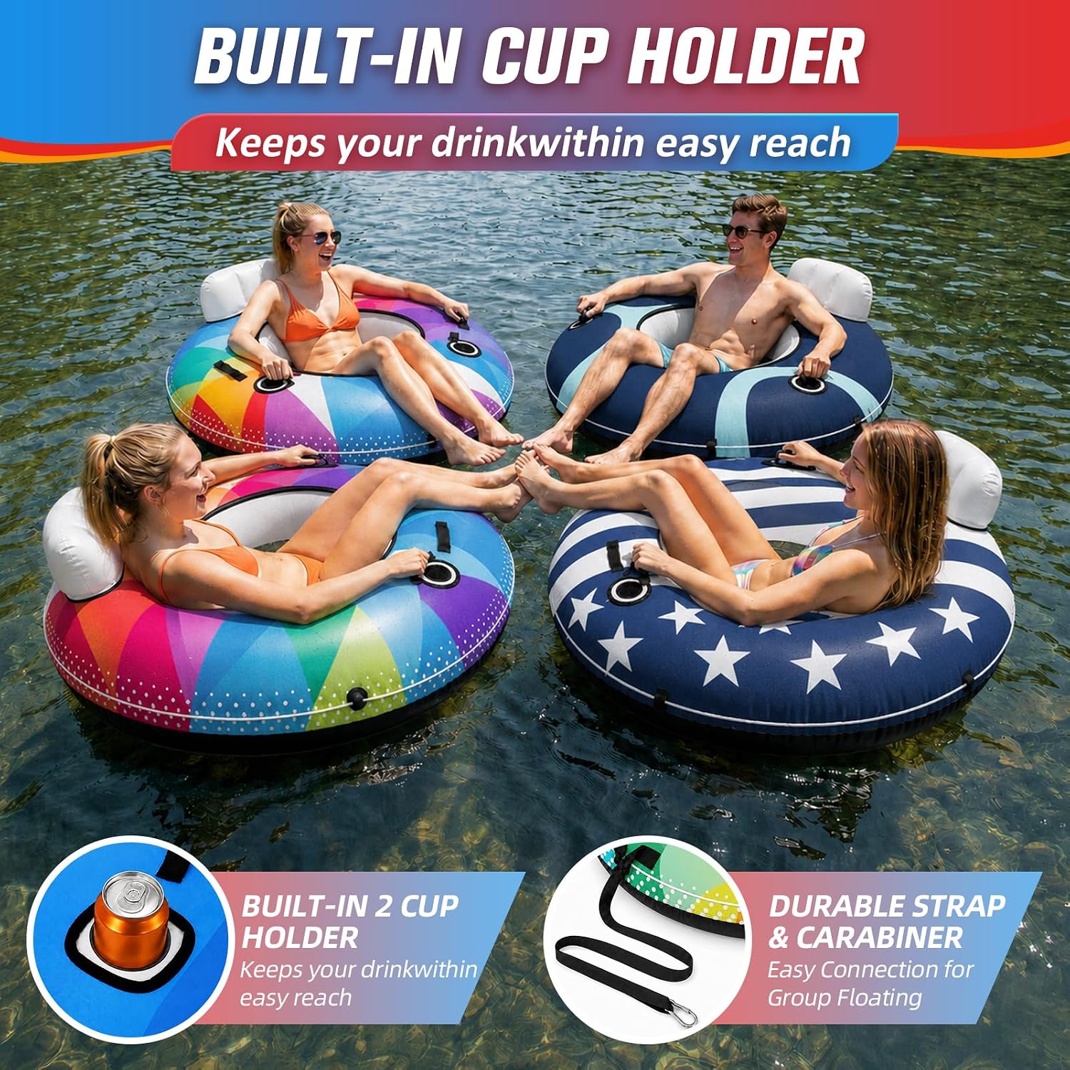 Detalle de ZEALFEEL River Tube 53'': Premium Canvas Cover Inflatable River Float with Backrest, Cup Holders, and Tow Capabilities