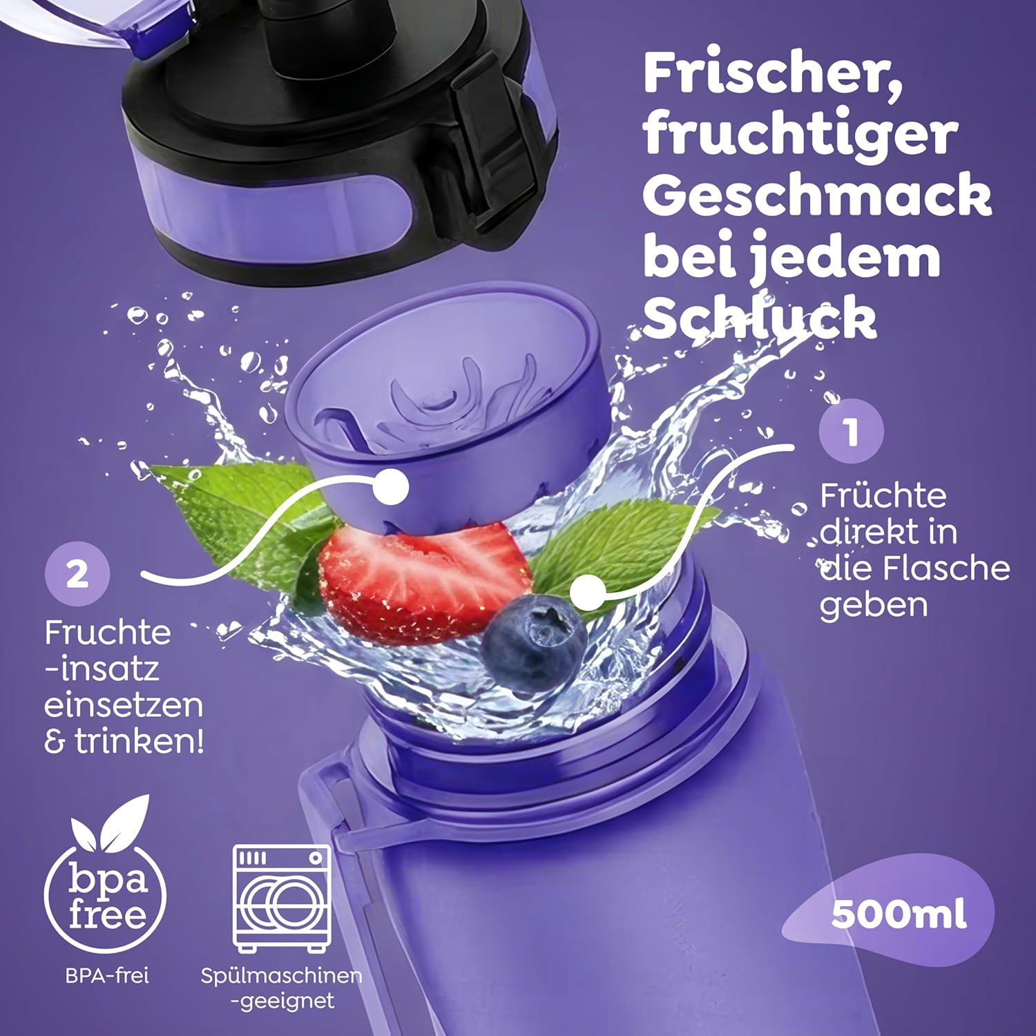 Thumbnail 2 de Sweety Fox Trinkflasche Kinder 500 ml - Lila, kohlensäuregeeignet, auslaufsicher & spülmaschinenfest
