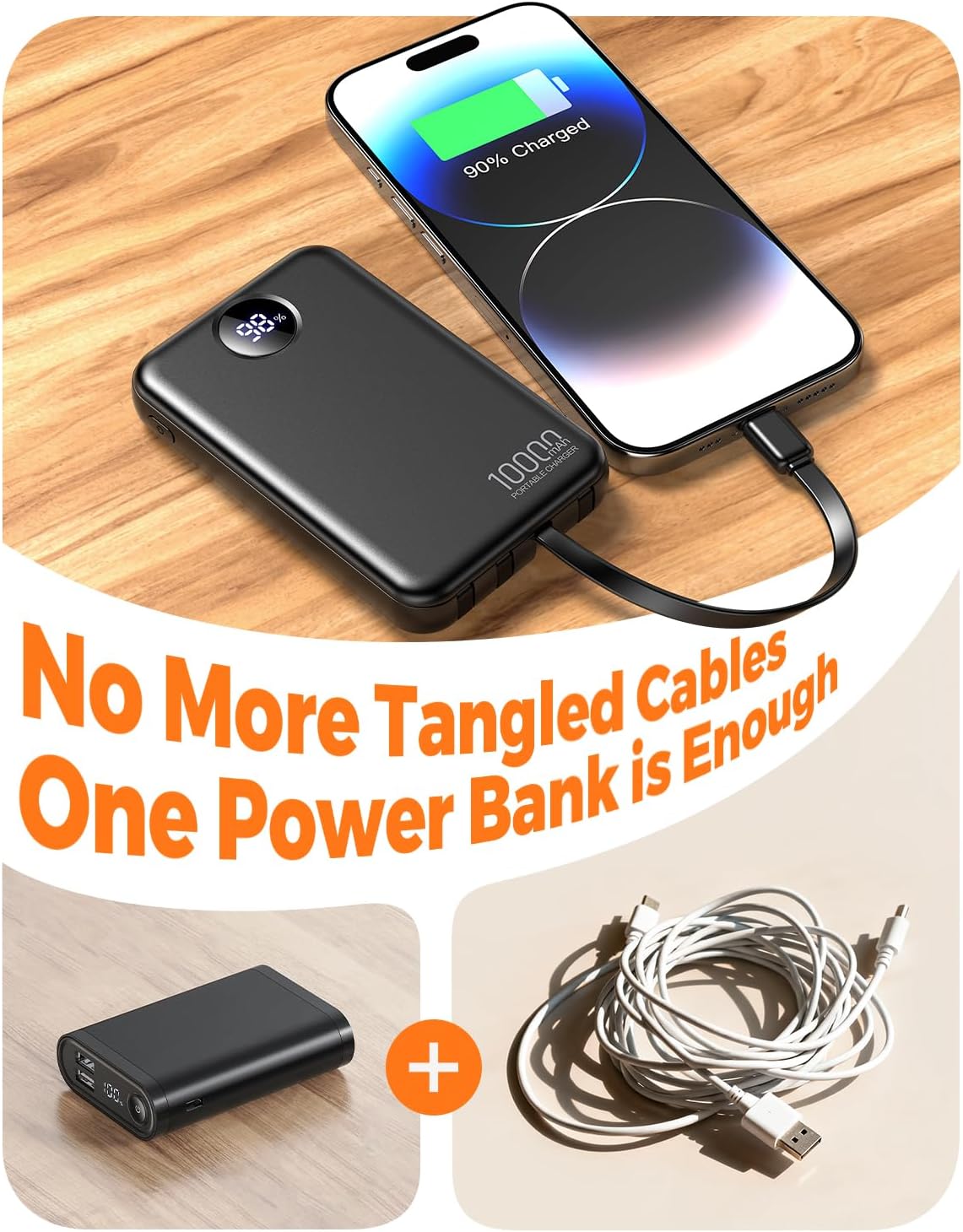 Thumbnail 1 de Portable Charger 10000mAh Power Bank with Built-in Cables and LCD Display