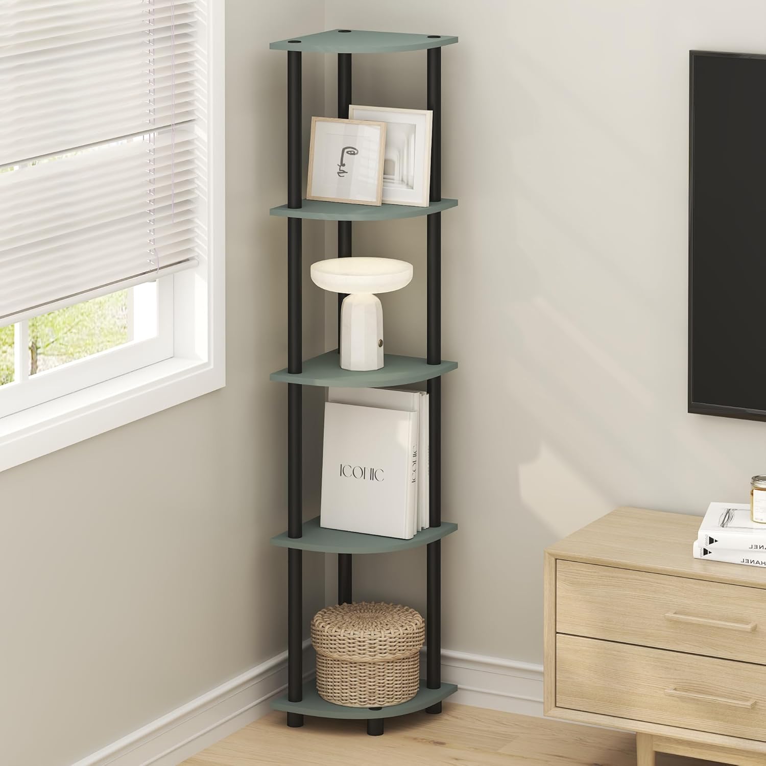 Detalle de Furinno TURN-N-TUBE Mensola Angolare a 5 Ripiani - Libreria Sfrutta gli Angoli con Stile e Praticità (Verde Salvia)