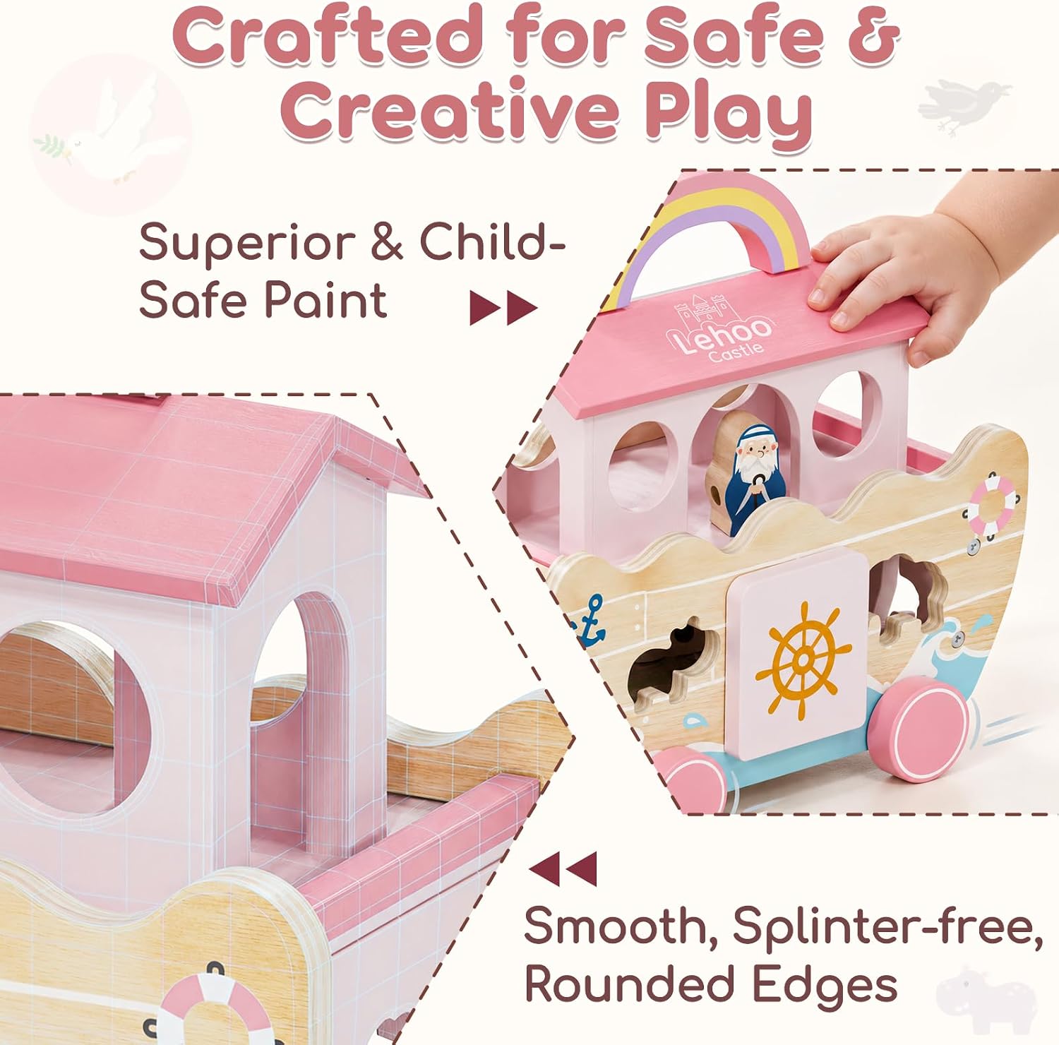 Thumbnail 5 de Lehoo Castle BT-019 Pink Wooden Noah’s Ark Toy with Shape Sorter and Lacing