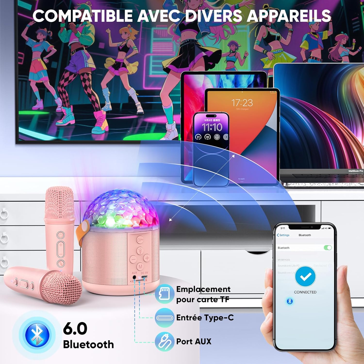 Thumbnail 2 de Micro karaoké Bluetooth avec 2 micros sans fil et LED disco – Cadeau fille 5 à 12+ ans