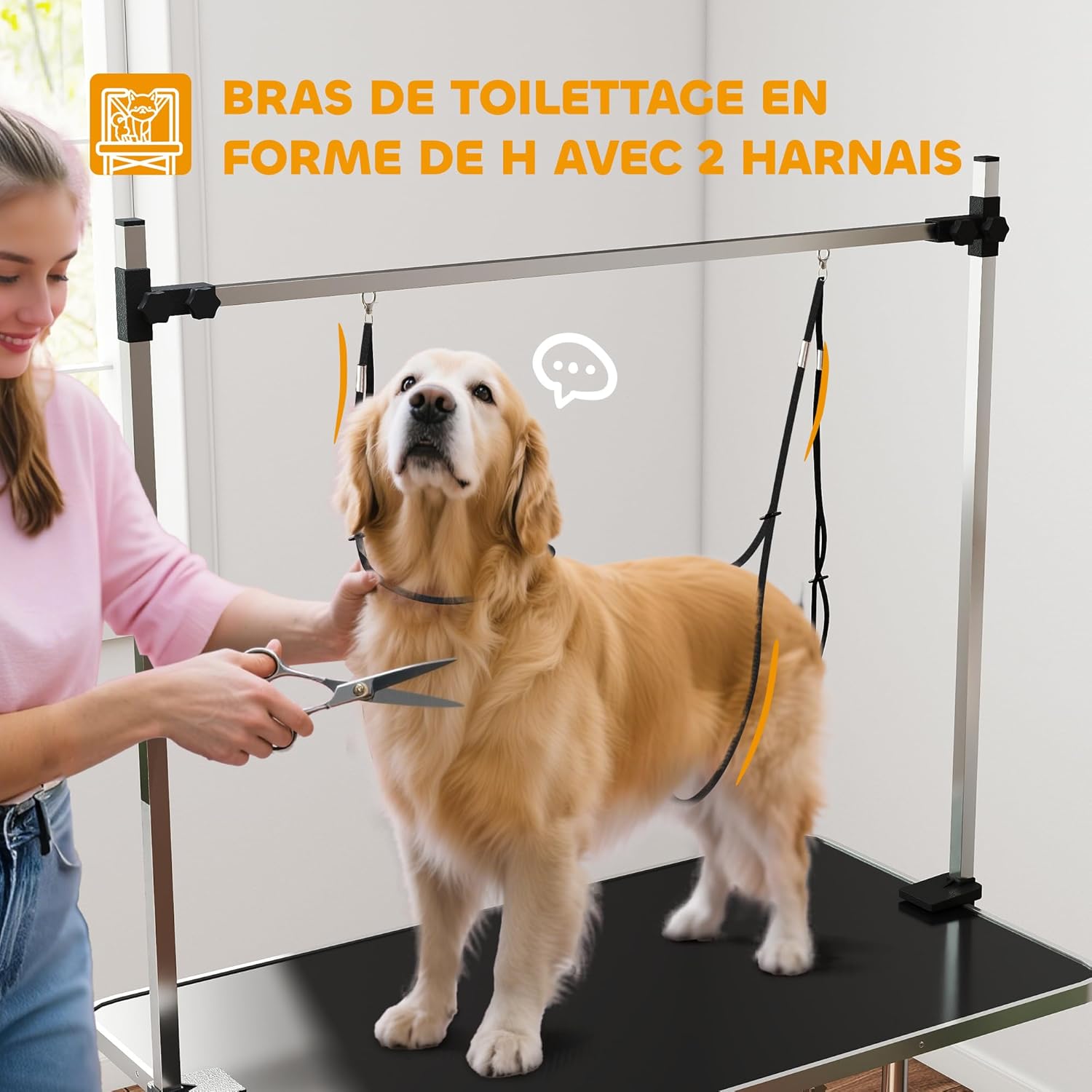 Detalle de PawHut table de toilettage pliante 107 x 60 cm avec potence H inox réglable et surface antidérapante
