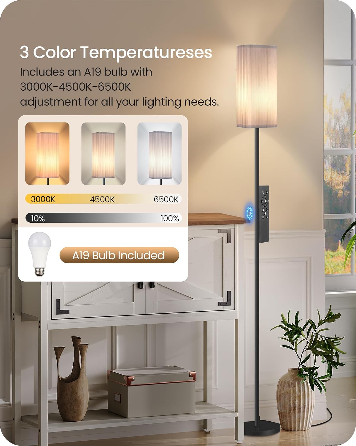 Detalle de GOEBLESON BP-F006S Dimmable Floor Lamp with Remote, Foot Switch and Pleated Shade