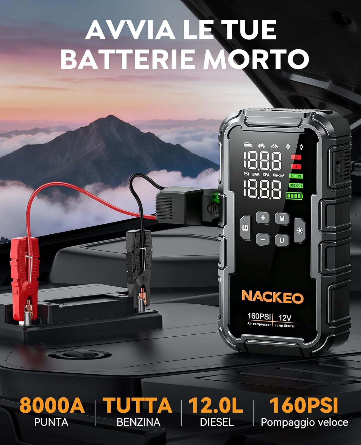 Detalle 2 de NACKEO Avviatore Batteria Auto con Compressore 160 PSI e 8000A: potenza immediata e utilità all-in-one