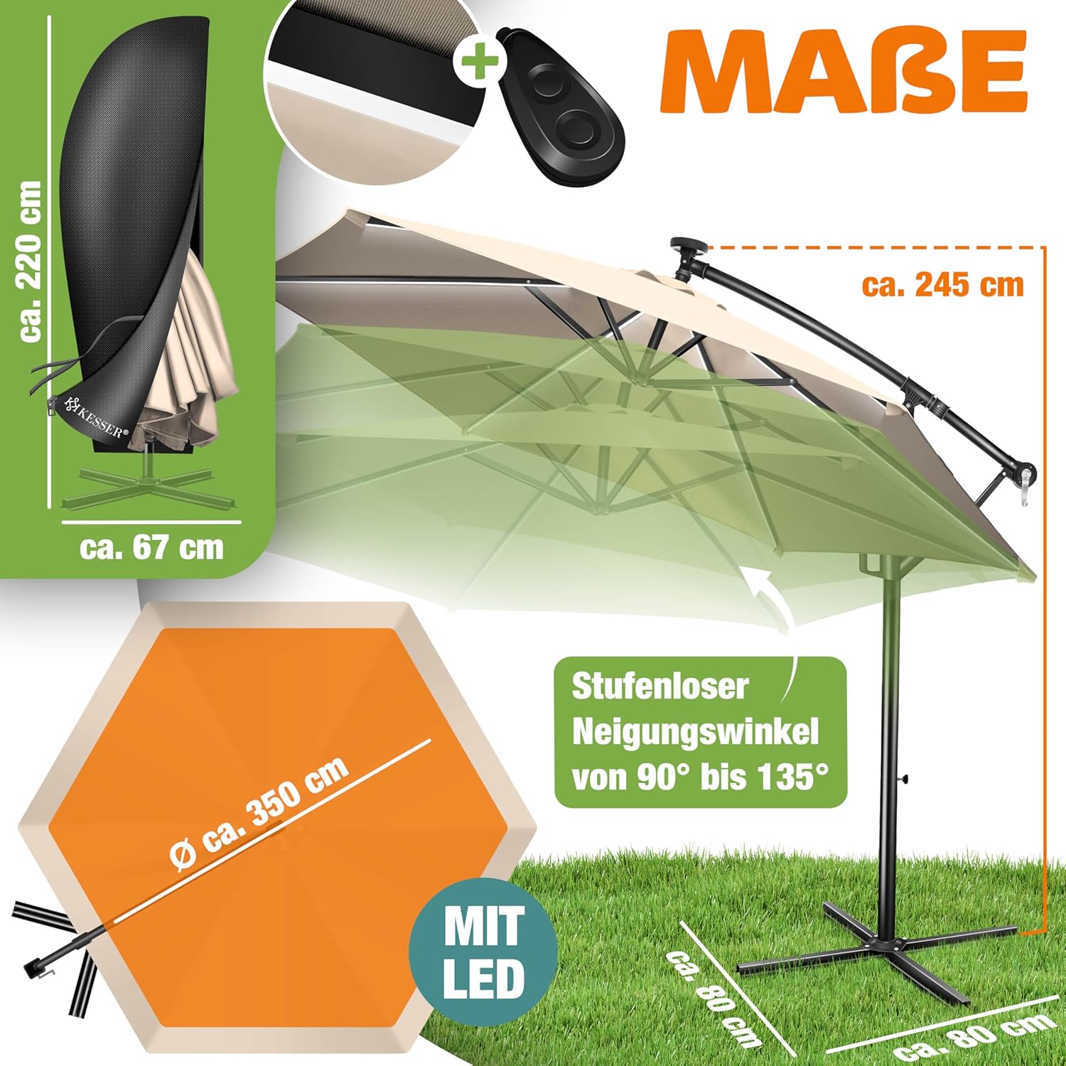 Thumbnail 1 de KESSER® Alu Ampelschirm LED Solar mit 360° Funktion, Abdeckung, Fernbedienung & Kurbelsystem