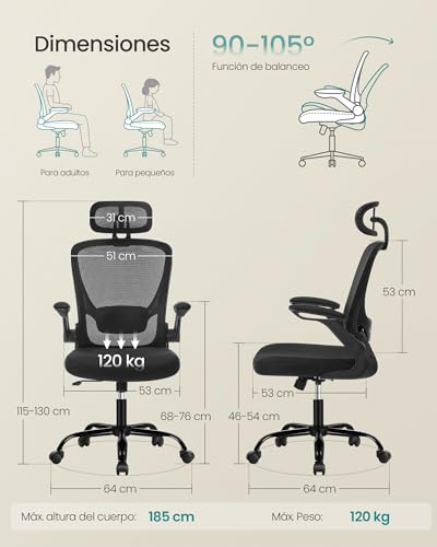 Detalle de SONGMICS Silla de Escritorio Ergonómica con Malla y Reposabrazos Abatibles