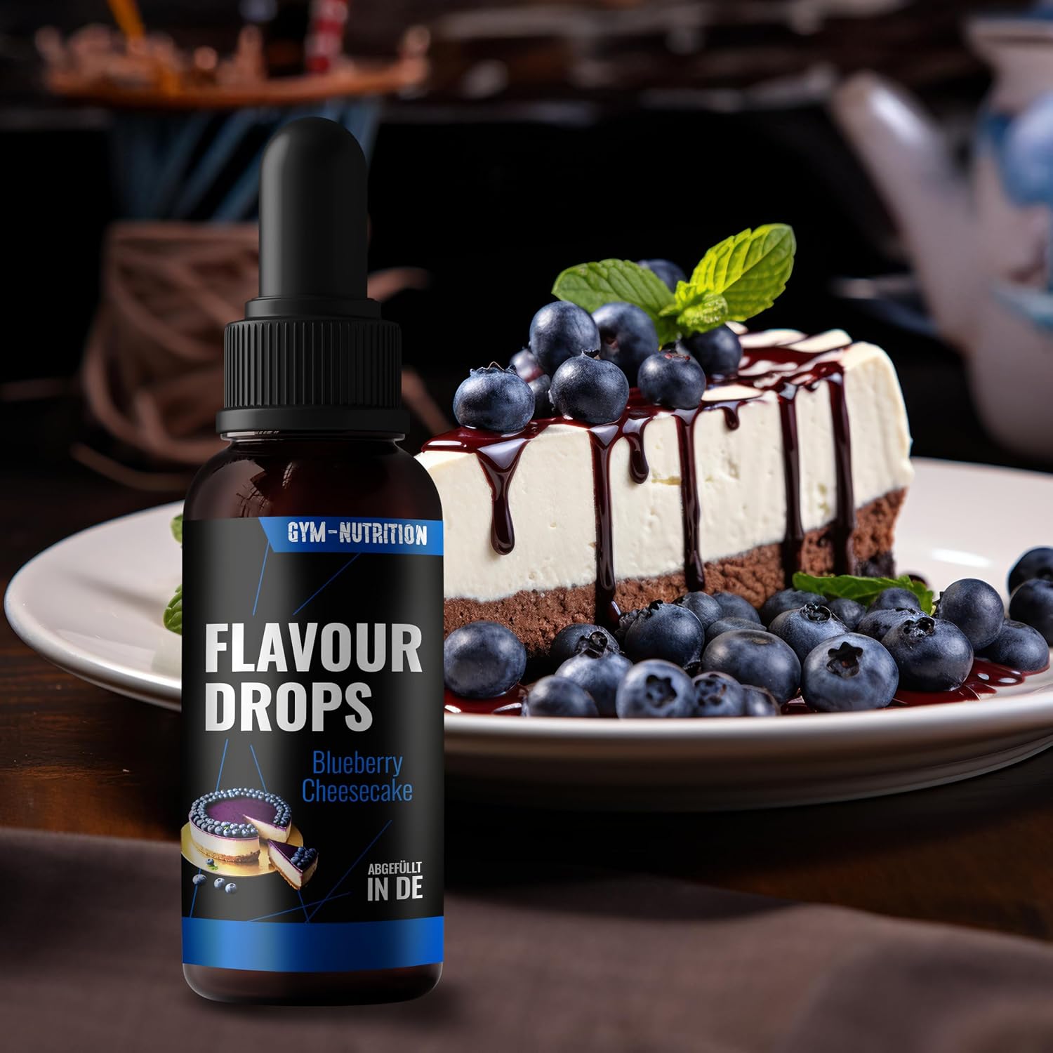 Detalle de Flavour Drops Zuckerfrei Blueberry Cheesecake 50 ml mit Dosierpipette – Gym Nutrition