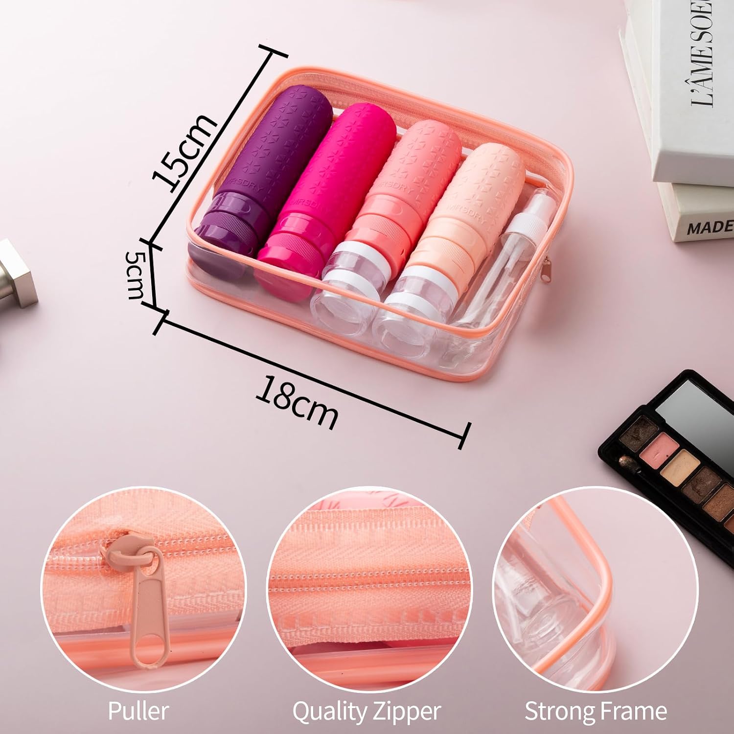 Detalle de Mrsdry 18-Piece Travel Toiletry Set with Silicone Bottles and Cream Jars