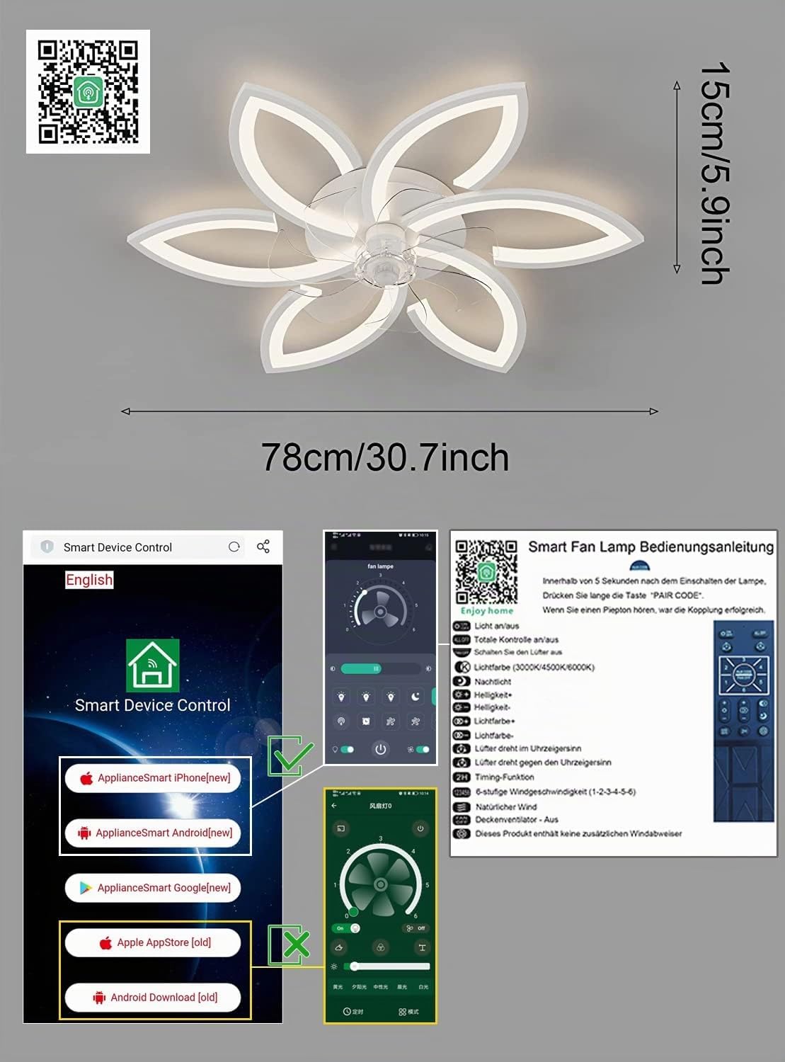 Detalle 2 de DIDADIDA Blanc – wentylator sufitowy z oświetleniem LED 78 × 78 cm